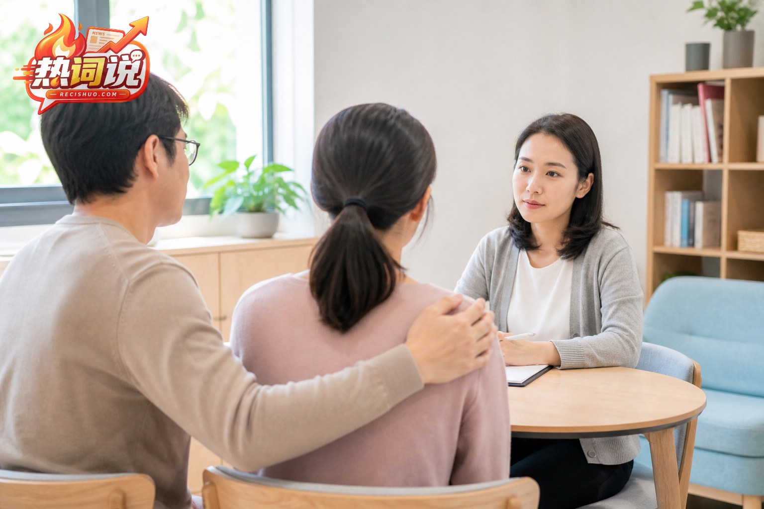 产后女性在家属陪同下与专业咨询人员交流,展现心理支持与及时求助