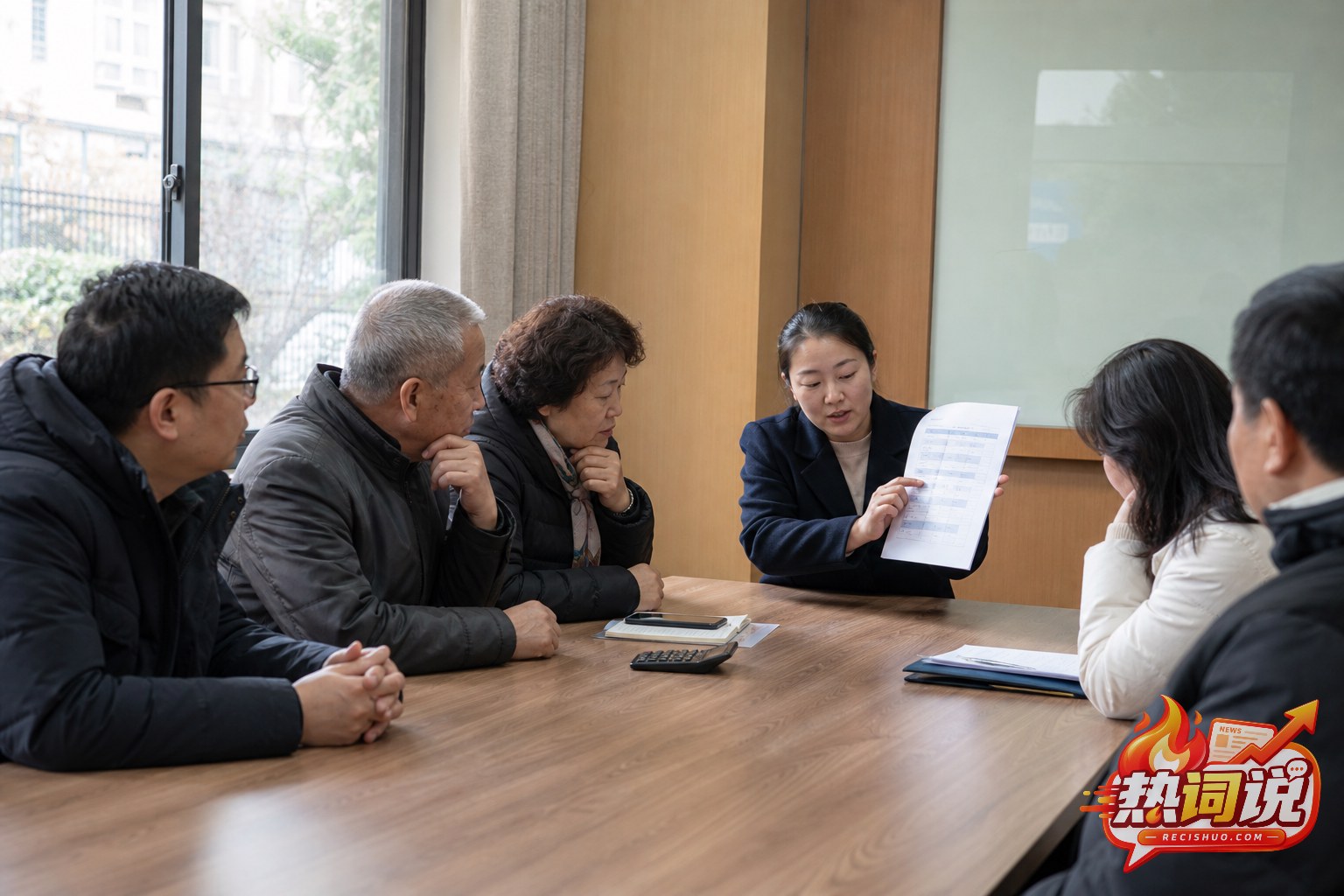 社区会议室内业主与物业代表共同核对服务项目和费用资料