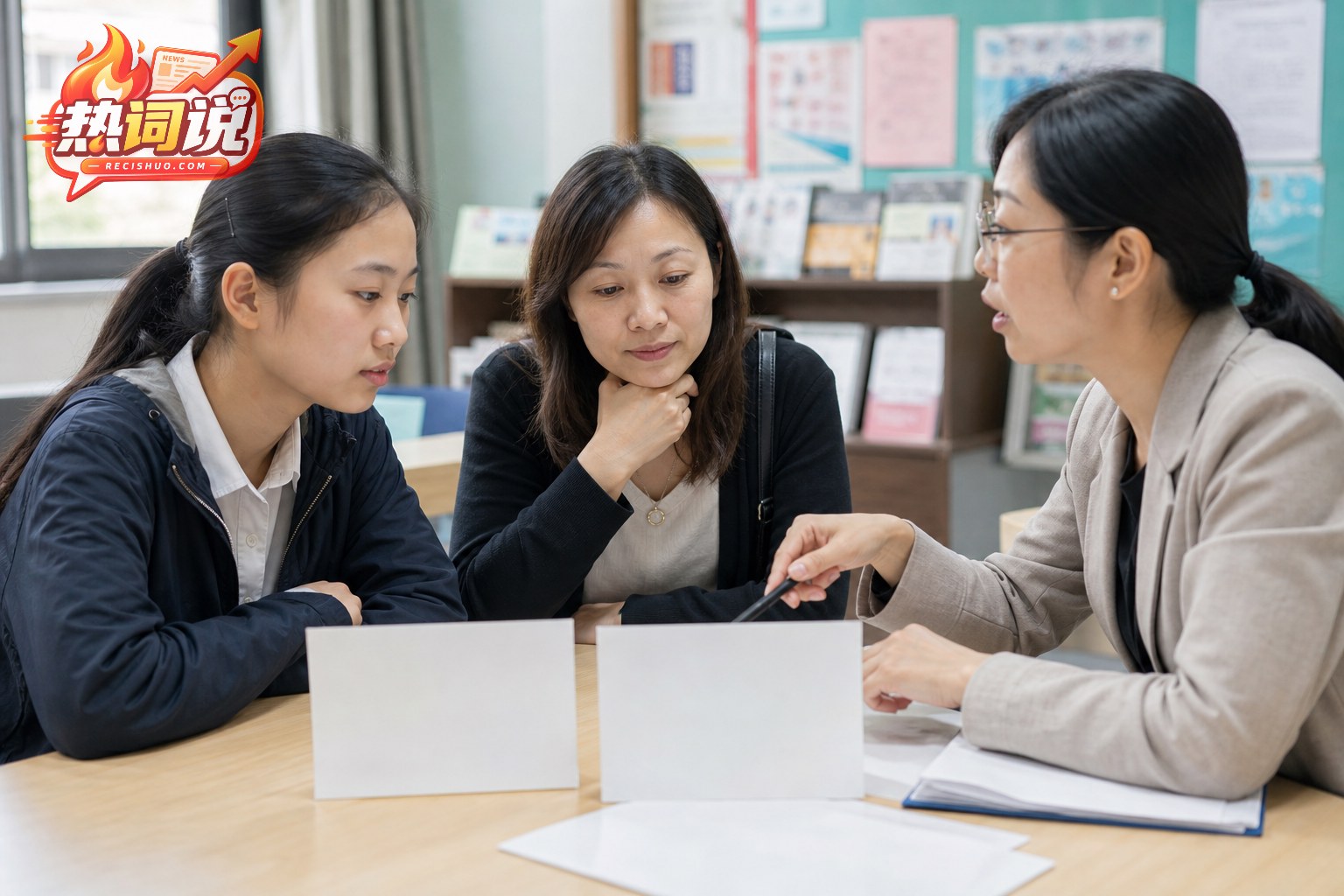 学生和家长在学校咨询室了解两种不同的升学方案