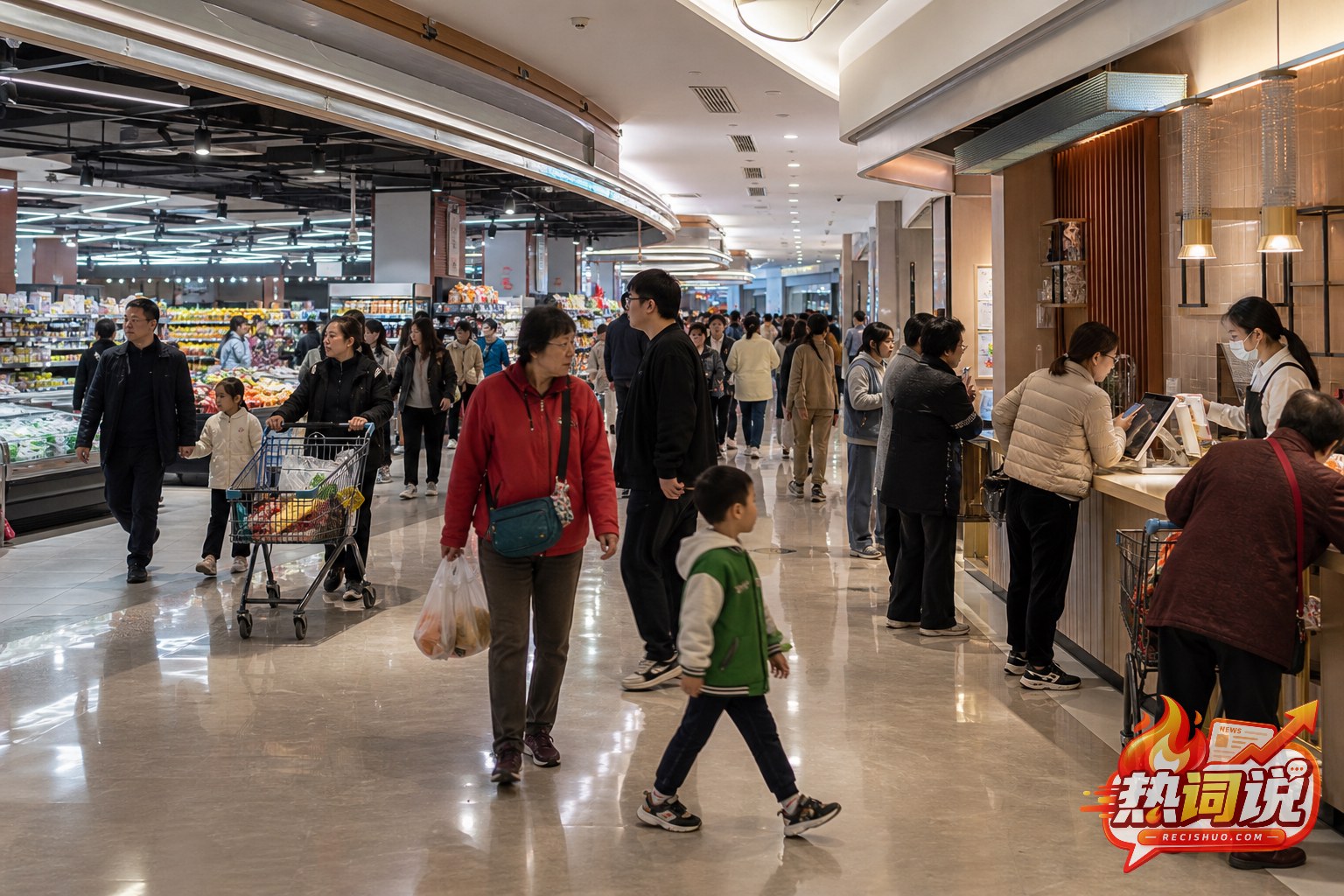 顾客在商超与商户柜台之间有序流动的繁忙场景