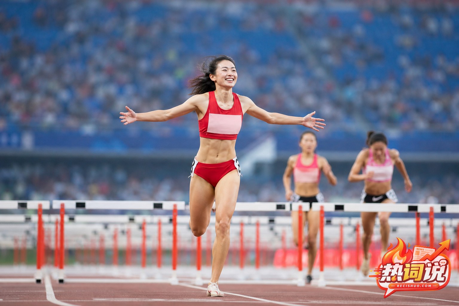 女子100米栏运动员冲过终点后庆祝胜利的横版体育场景