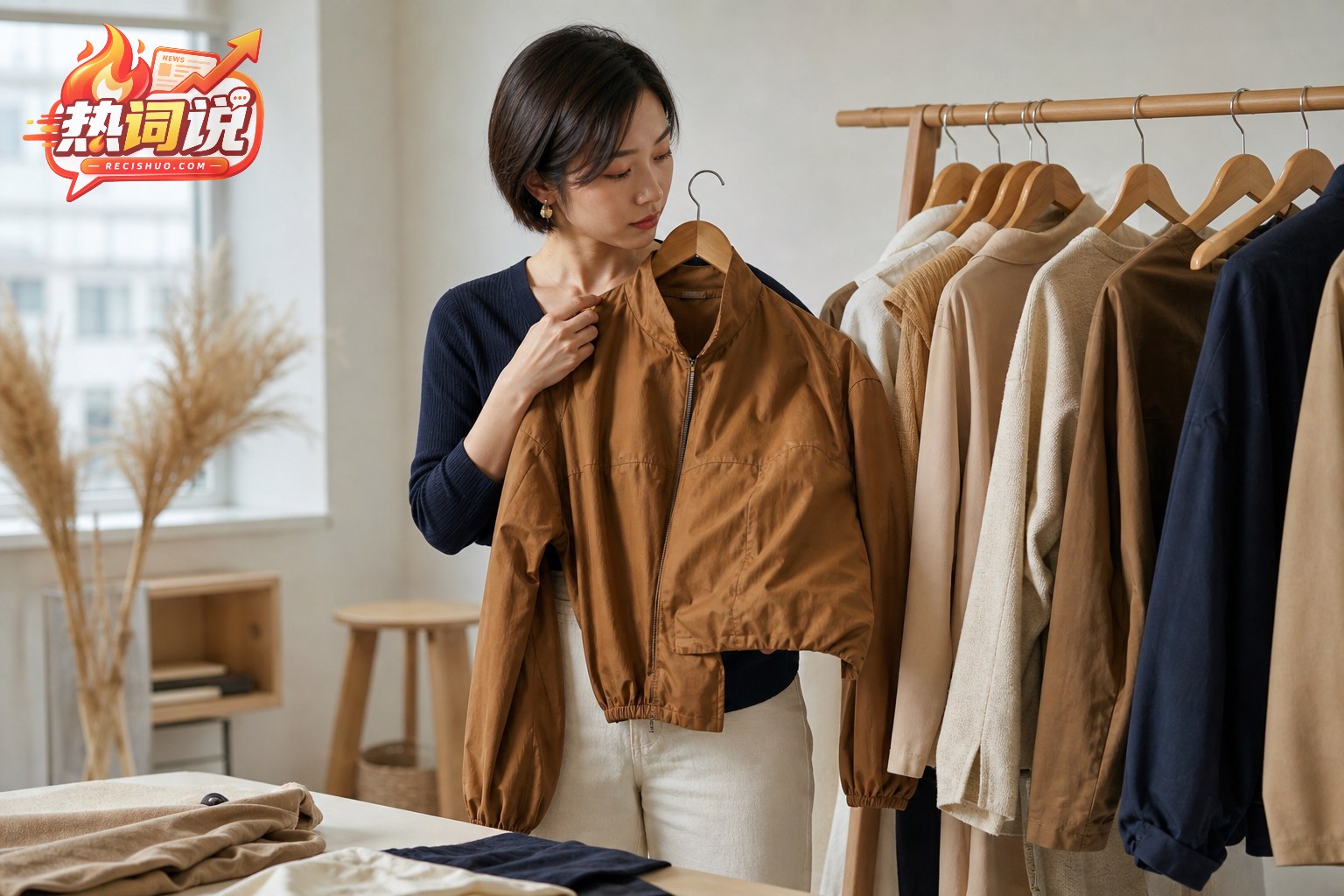 服装博主在自然光工作室挑选焦糖棕色秋季短外套