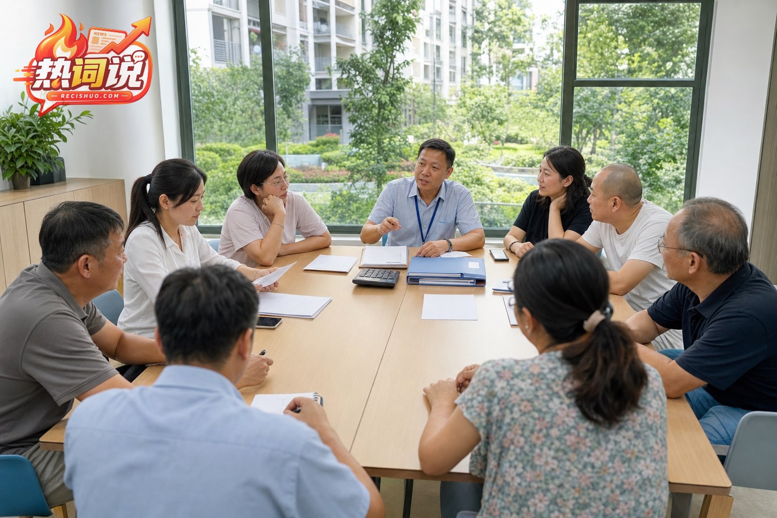 不同年龄的业主与物业代表围桌讨论公共服务和费用规则