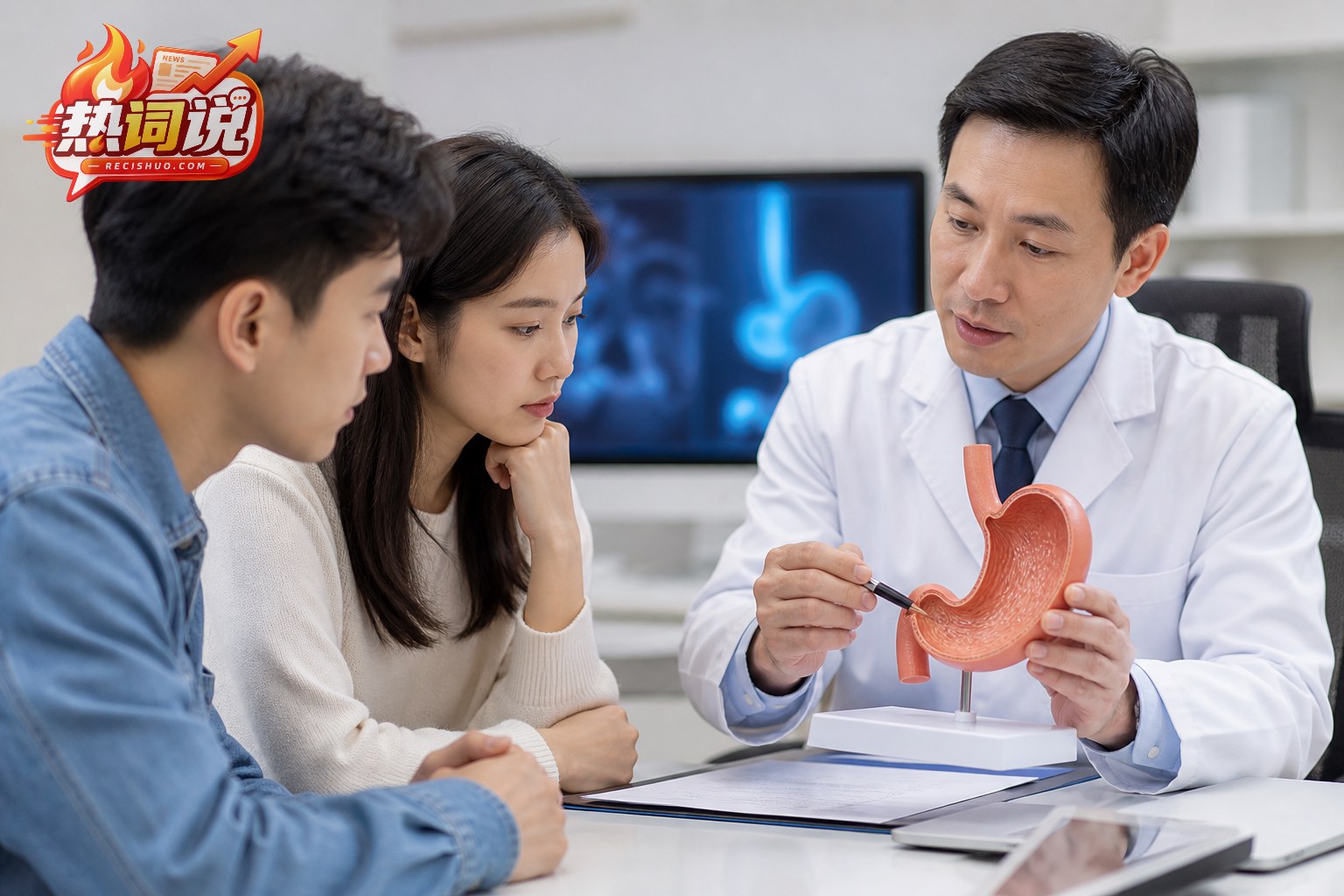 消化内科医生借助胃部模型向年轻患者和家属解释检查