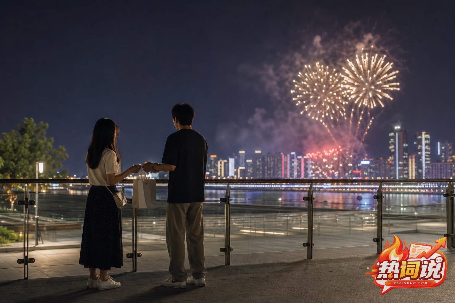 一对伴侣在安全的城市观景平台互赠礼物并观看远处烟花