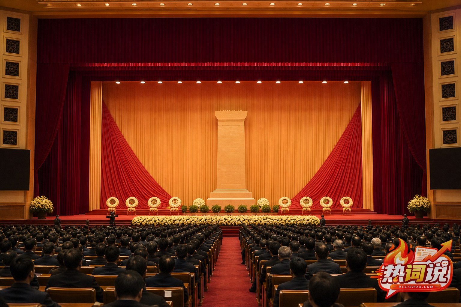 庄重纪念大会会场的横版全景画面