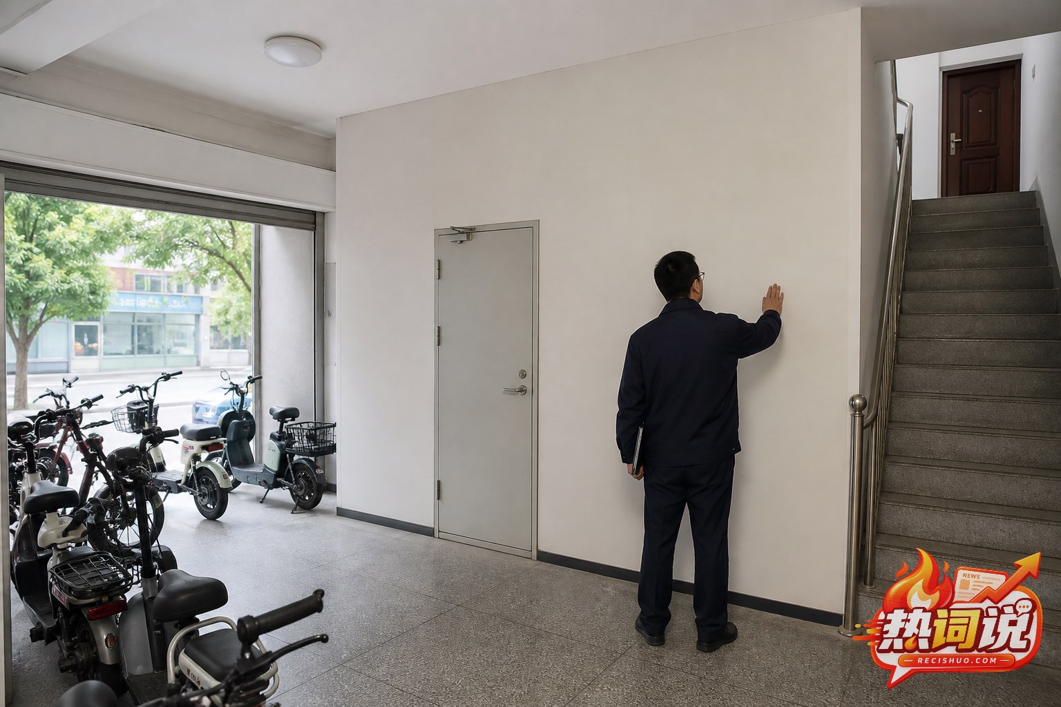 检查人员查看电动车行实体防火分隔、防火门和独立疏散楼梯的安全排查场景