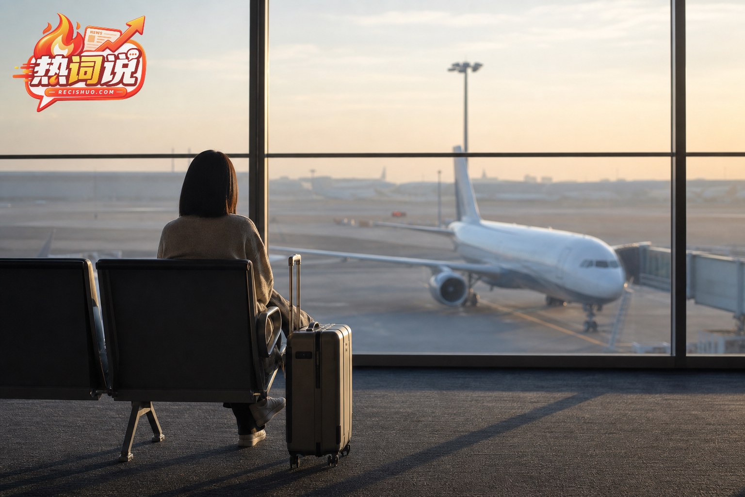 清晨机场候机区内,一名旅客带着行李箱安静望向窗外客机