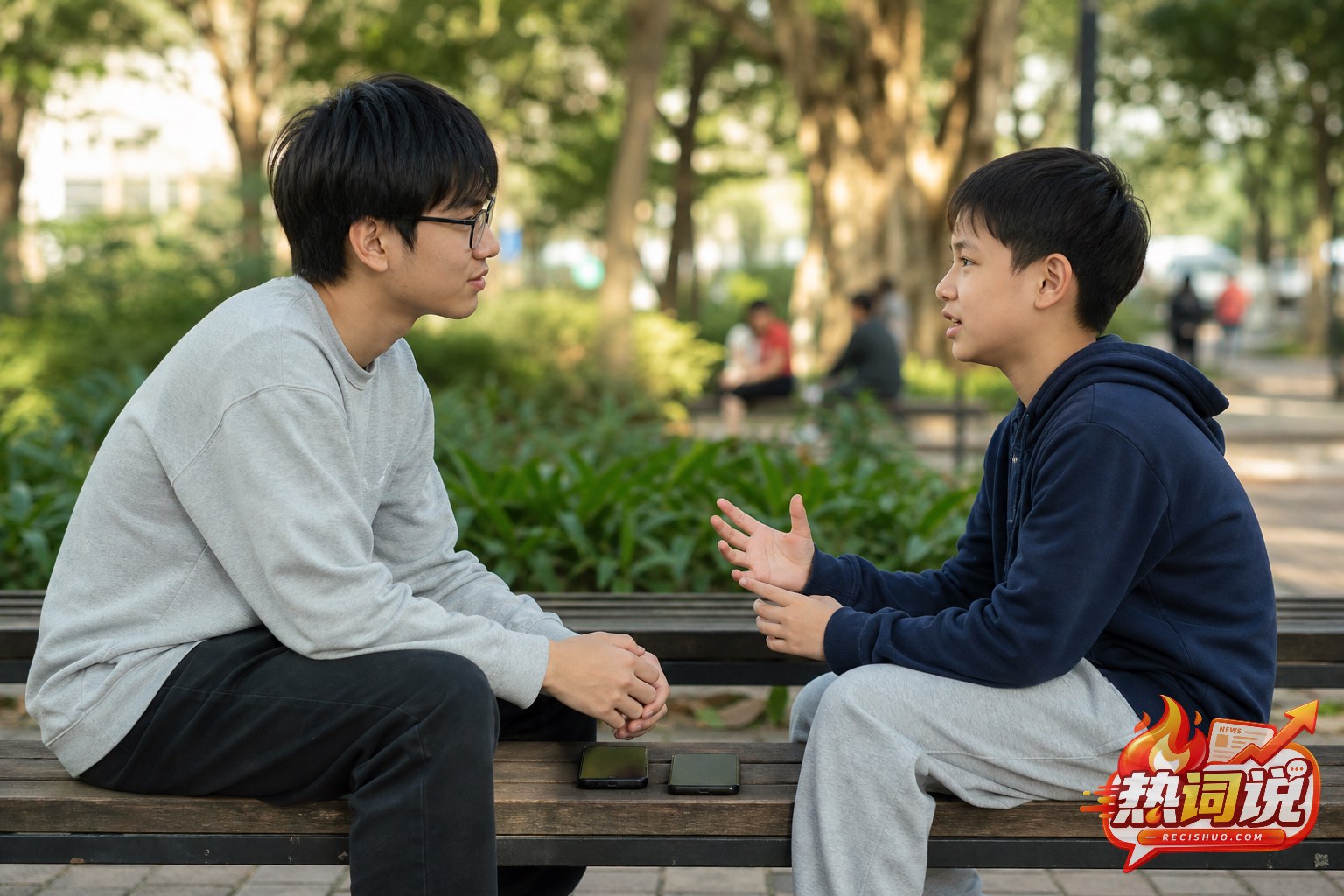 两名不同年龄段的年轻人在公园长椅上平等交流