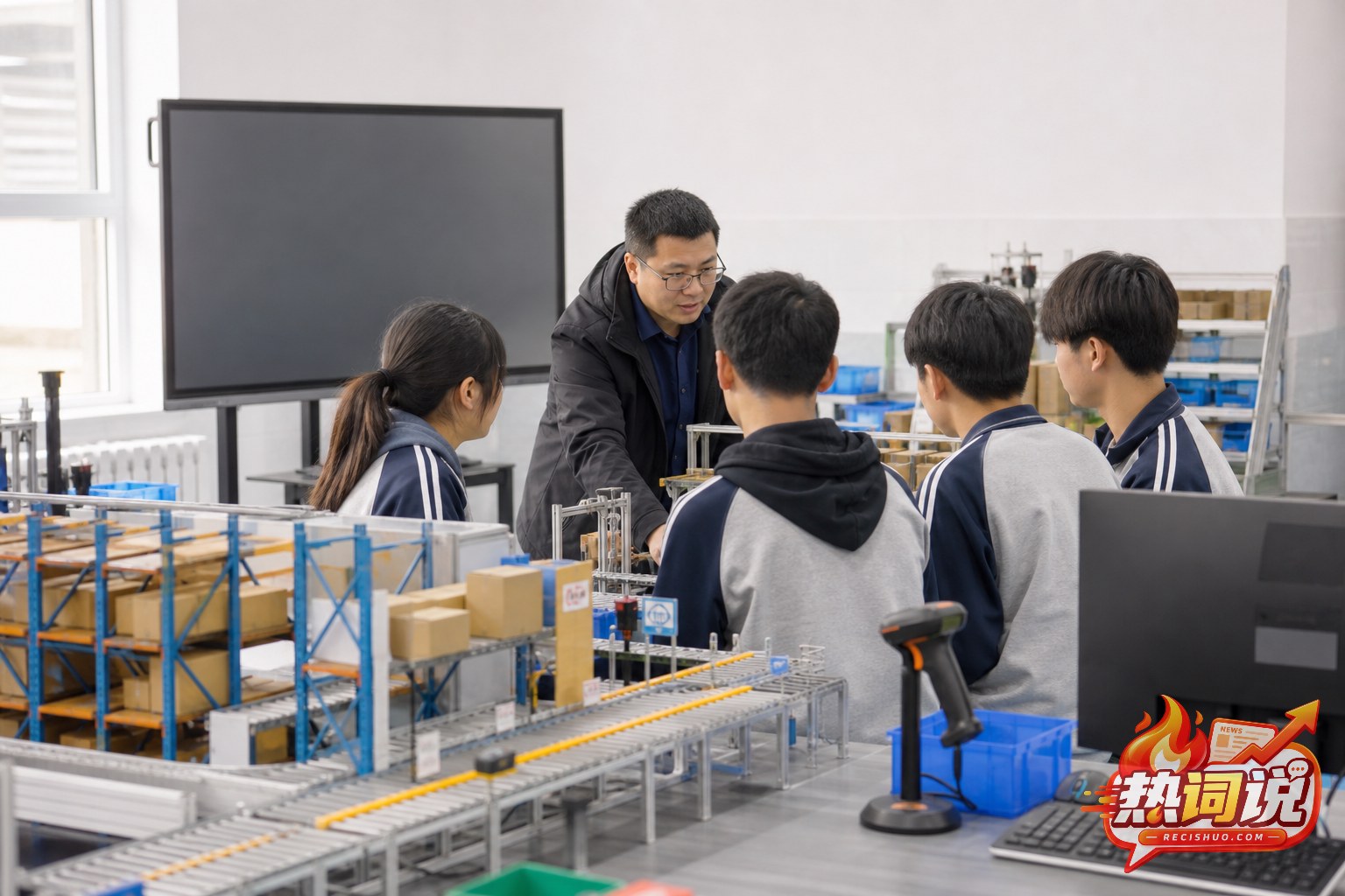 学生在物流实训教室内跟随教师了解仓储与输送设备