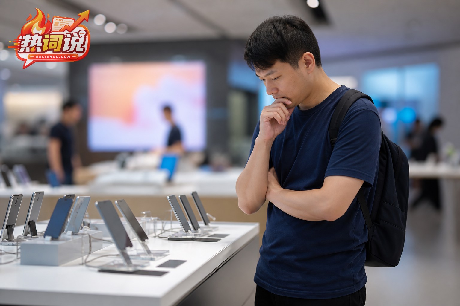 消费者在手机卖场比较多款无品牌智能手机并谨慎考虑换机