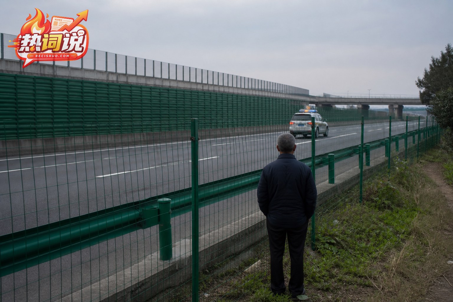 高速公路防护网外的老人背影与远处巡查车辆