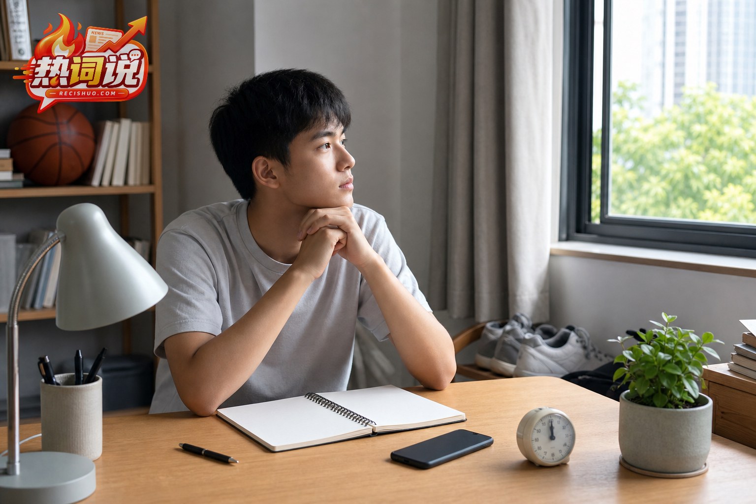 少年在书桌前放下手机,望向窗外思考自己的成长安排