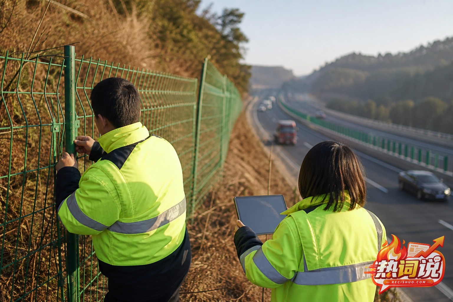 高速公路管护人员检查隔离防护网并记录巡检情况