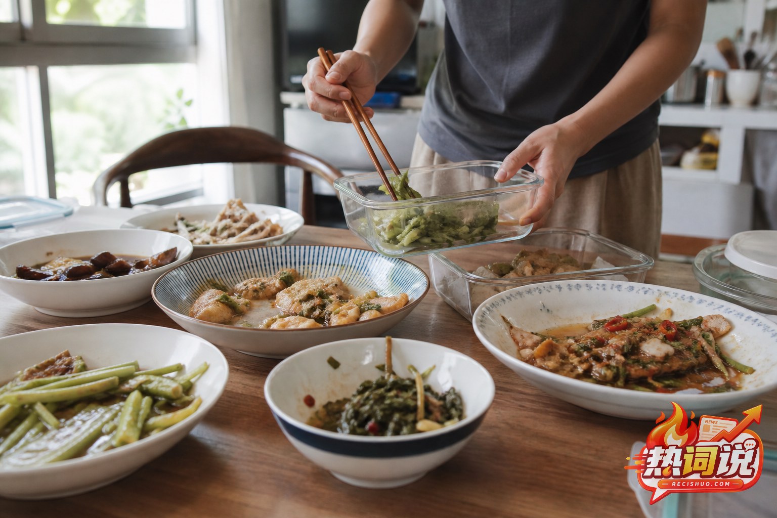 夏日家庭餐桌上将多种剩菜分类装入保鲜盒的场景