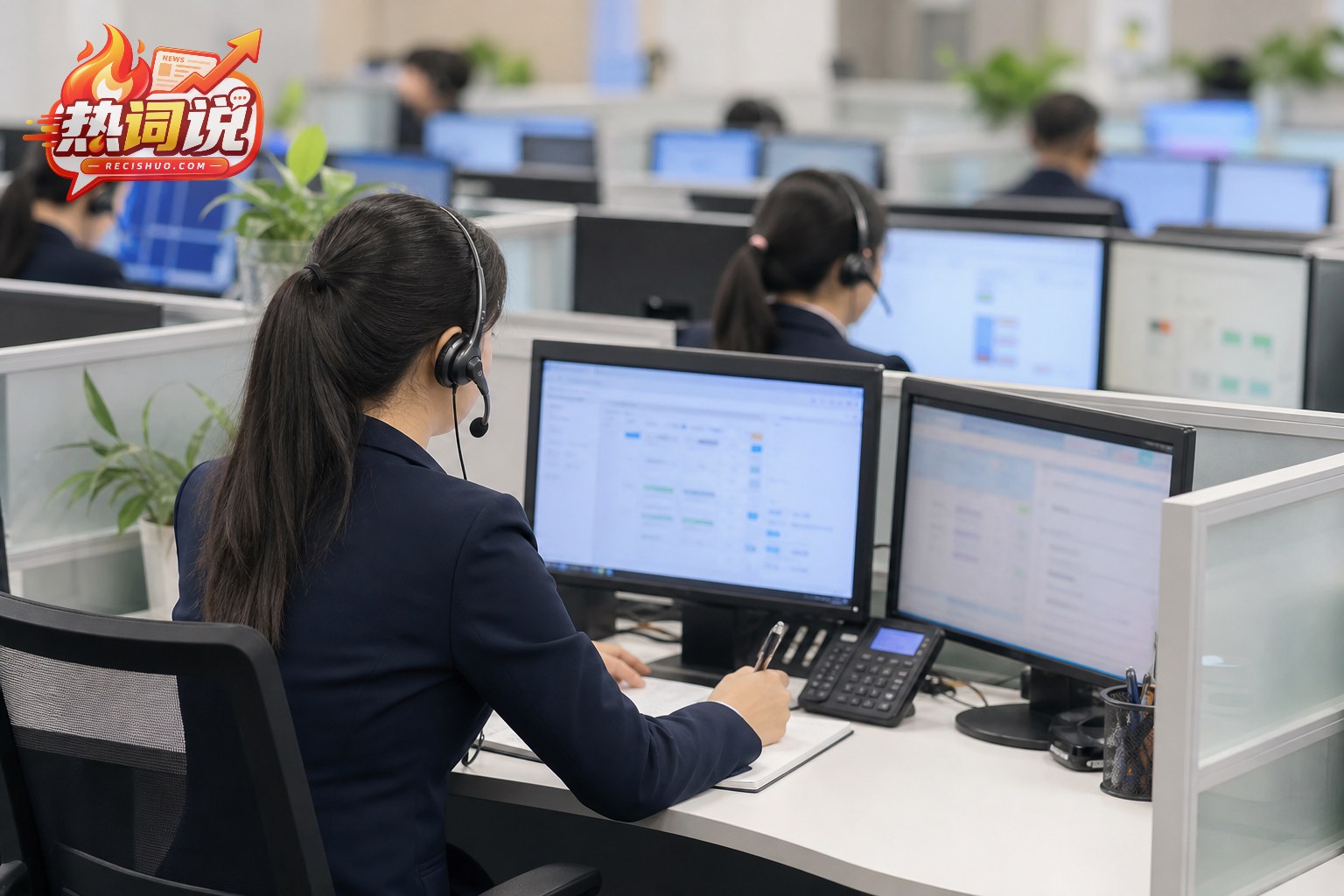 公共服务热线接线中心内,多名工作人员通过电话处理群众诉求