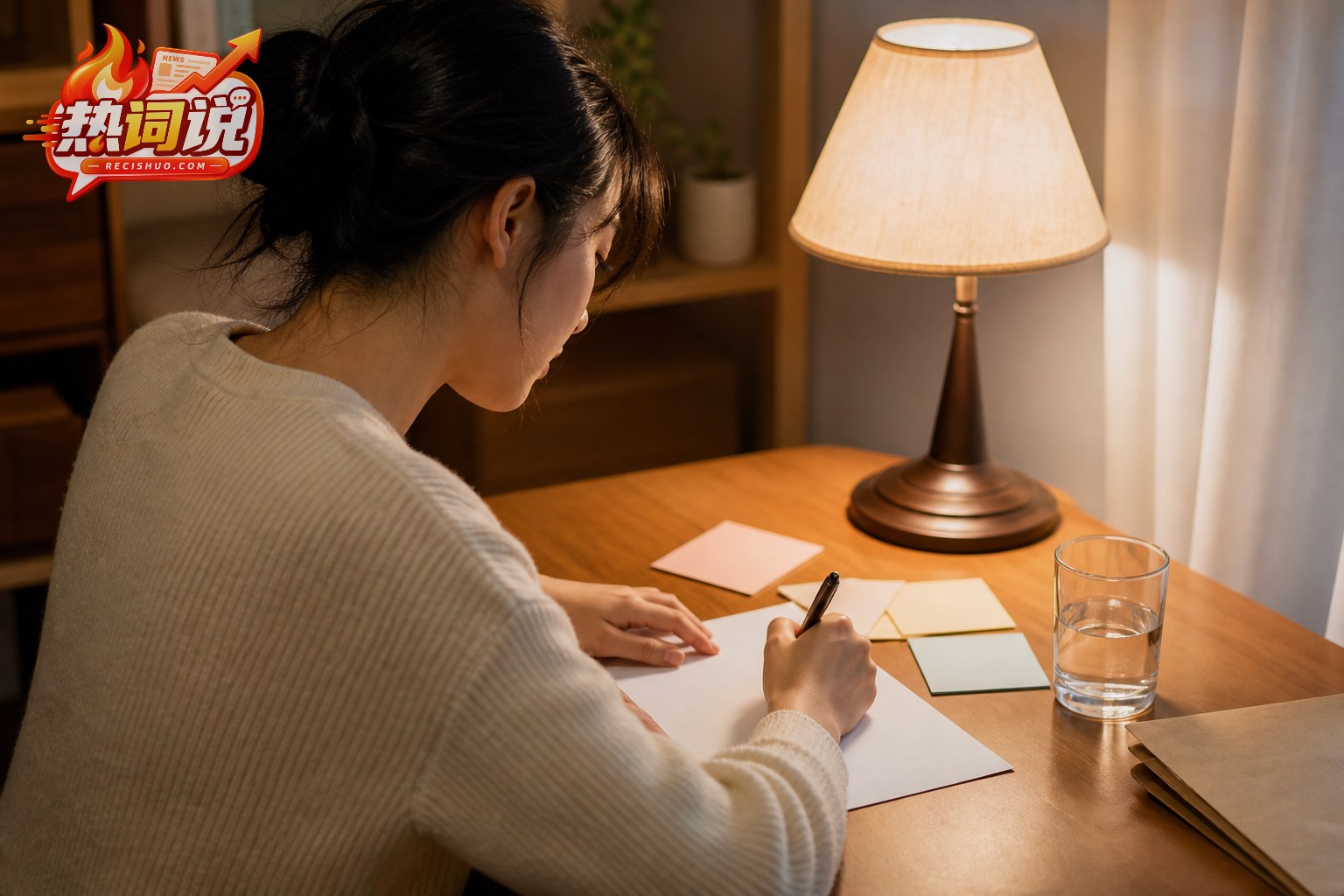年轻女性在暖色台灯下伏案书写一封回信