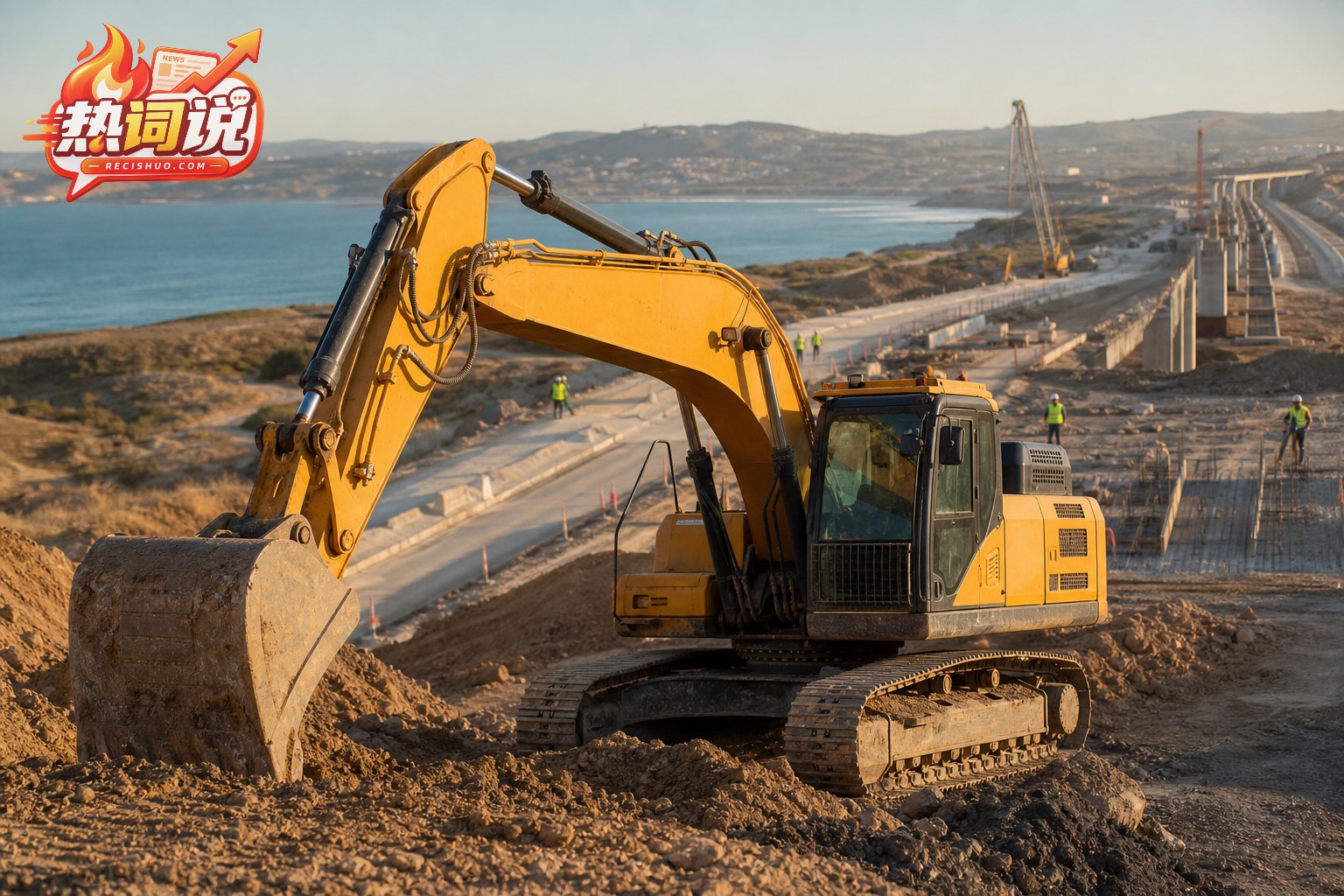 国产挖掘机在海外沿海公路建设工地进行土方作业