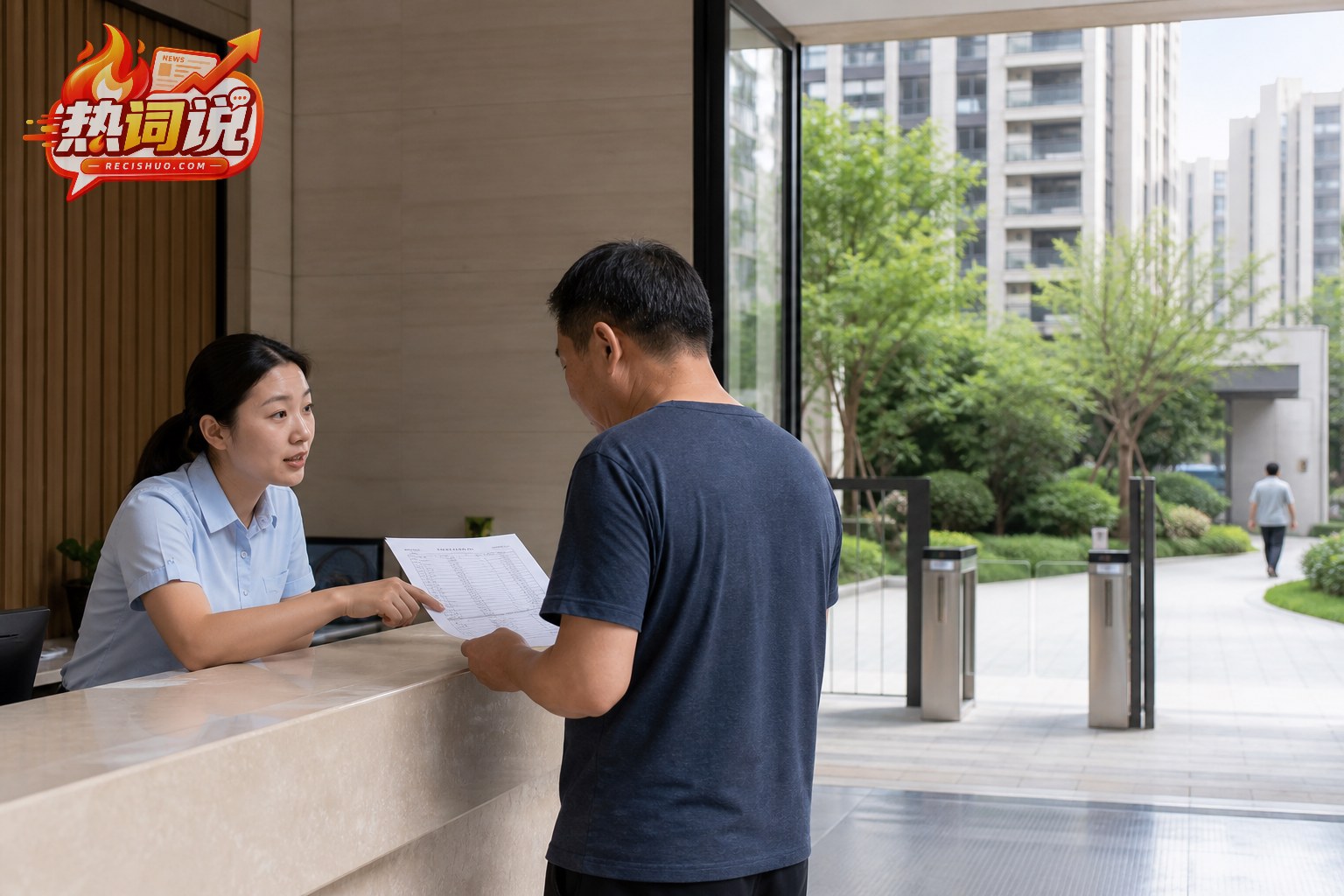 住宅小区业主在物业服务中心查看费用清单并与工作人员沟通