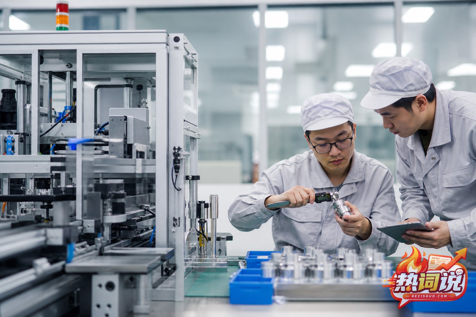 工程师在中试生产线上测量精密部件并开展质量检验