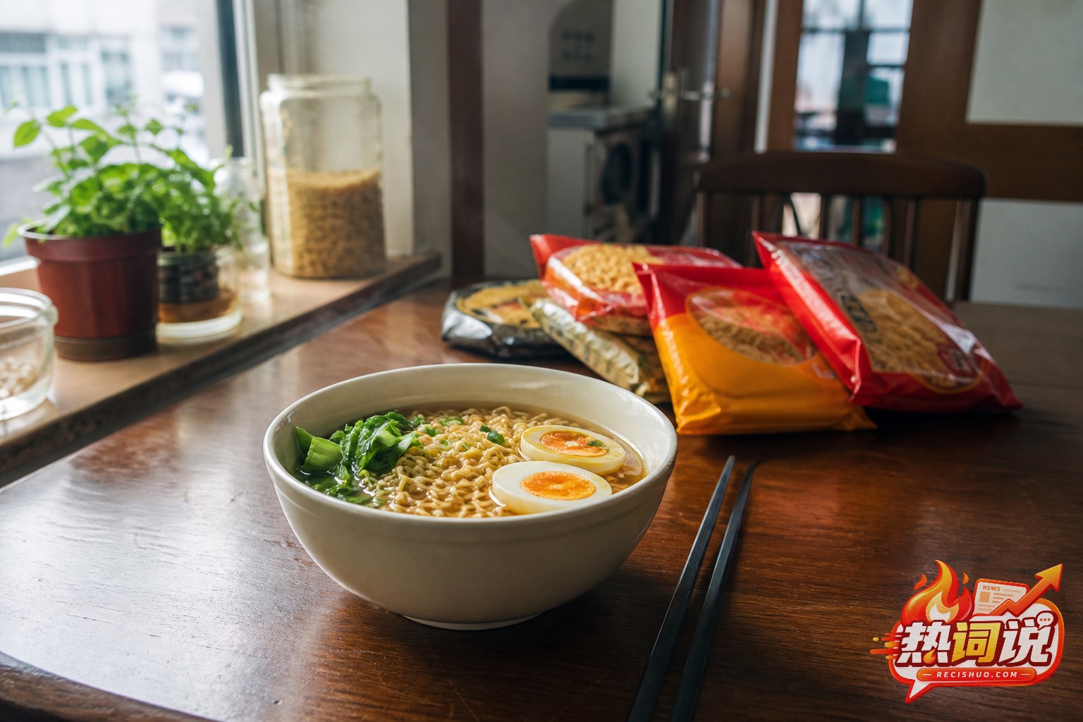 居家餐桌上一碗搭配鸡蛋和青菜的泡面,背景摆放多种无品牌袋装方便面