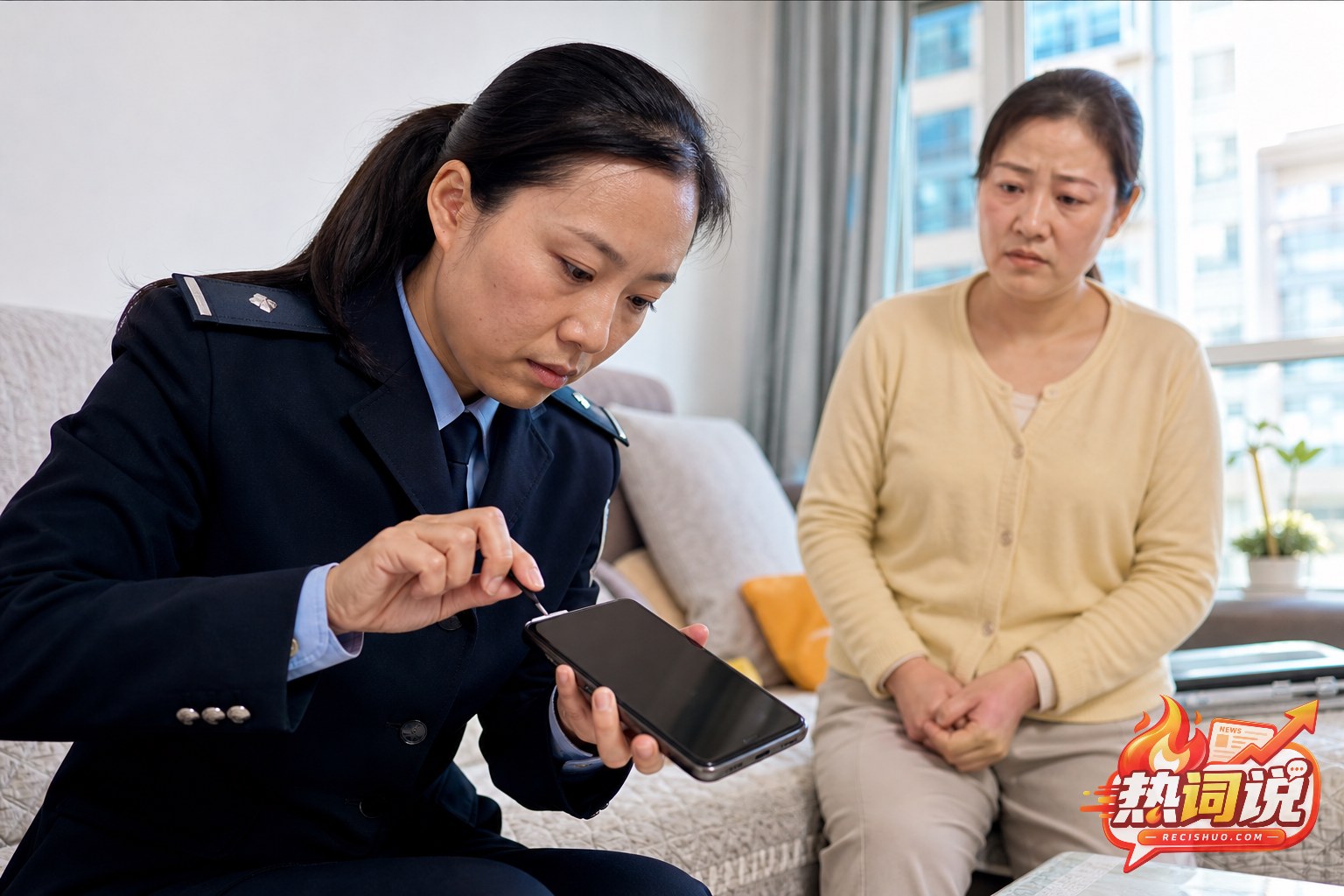 民警在居民家中使用取卡针处理疑似被远程控制的手机
