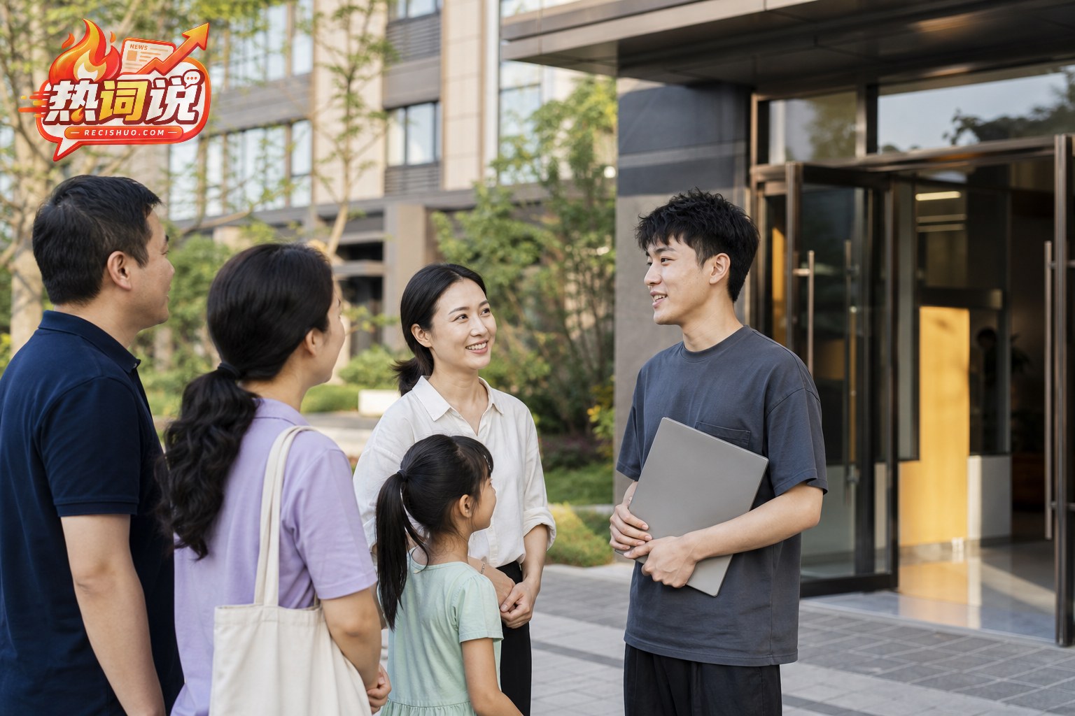 住宅小区物业服务中心外,家长、青年业主与邻居自然交流的场景