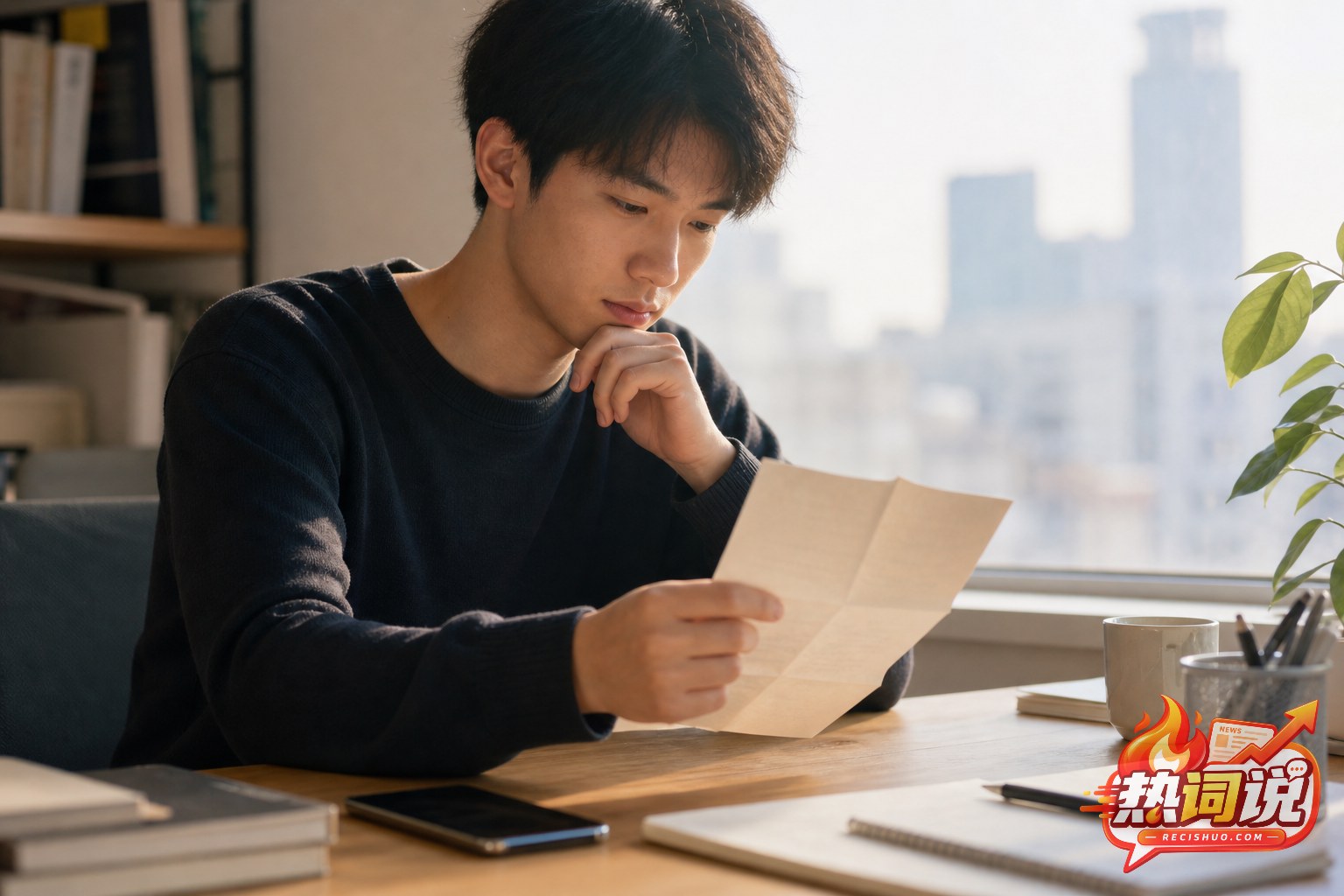 年轻人在城市晨光中坐在书桌前认真阅读纸质信件
