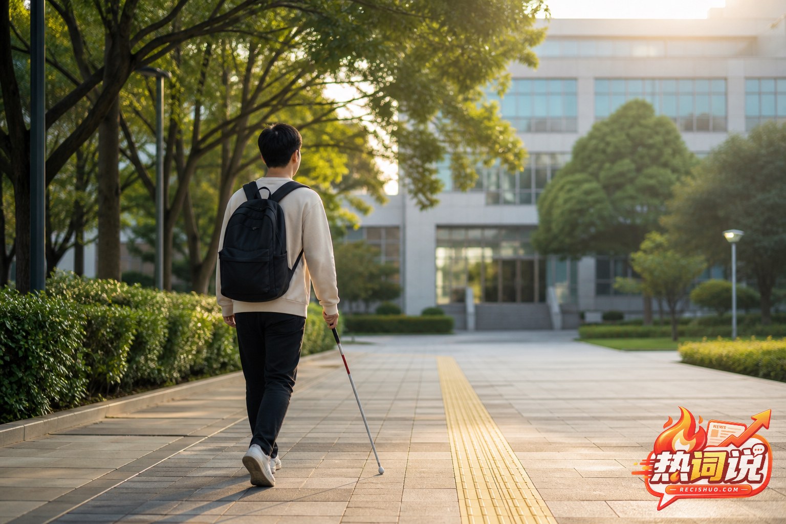 视障青年沿校园盲道走向教学楼的纪实场景