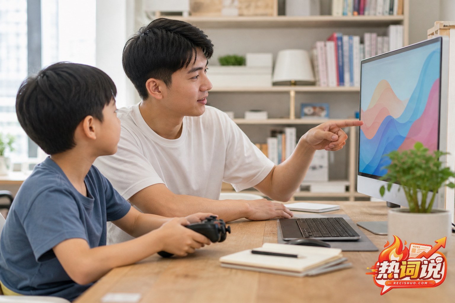年轻人与孩子在电脑前交流游戏时间安排