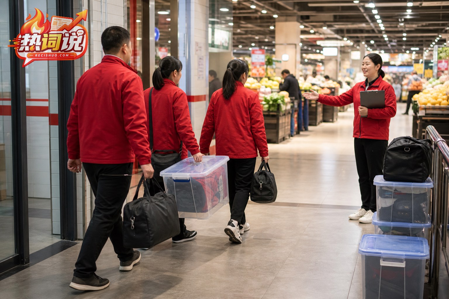 多名零售员工携带个人物品进入正常营业的门店,由管理人员接待并安排岗位