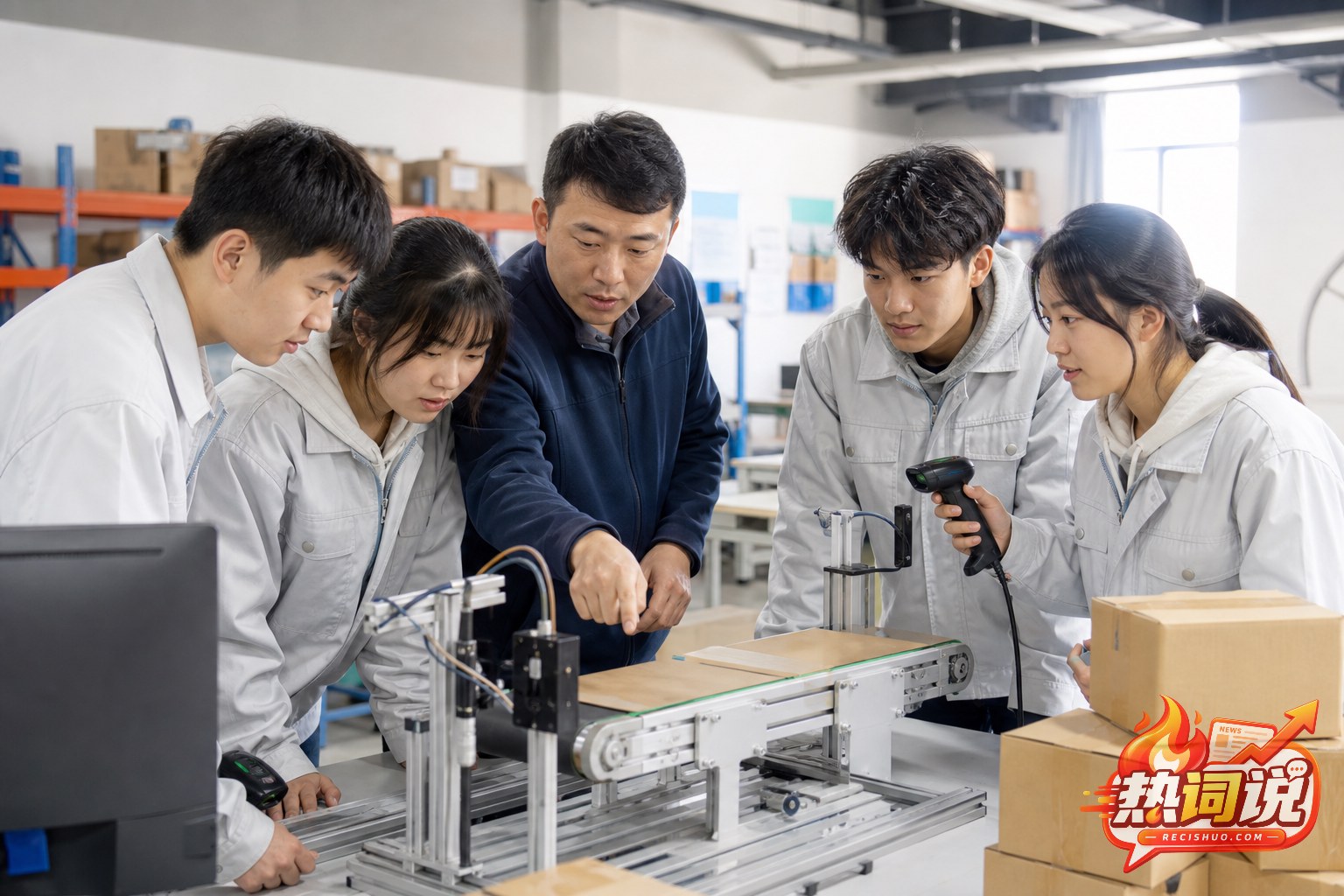 学生在物流实训室学习输送设备和条码扫描操作