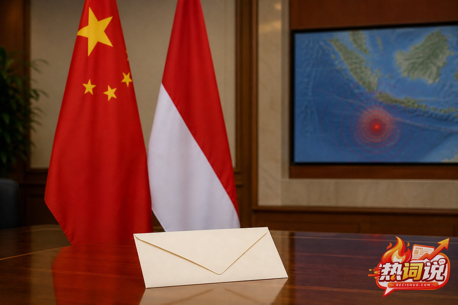 中国与印度尼西亚国旗、慰问信和地震示意地图组成的庄重外交新闻场景