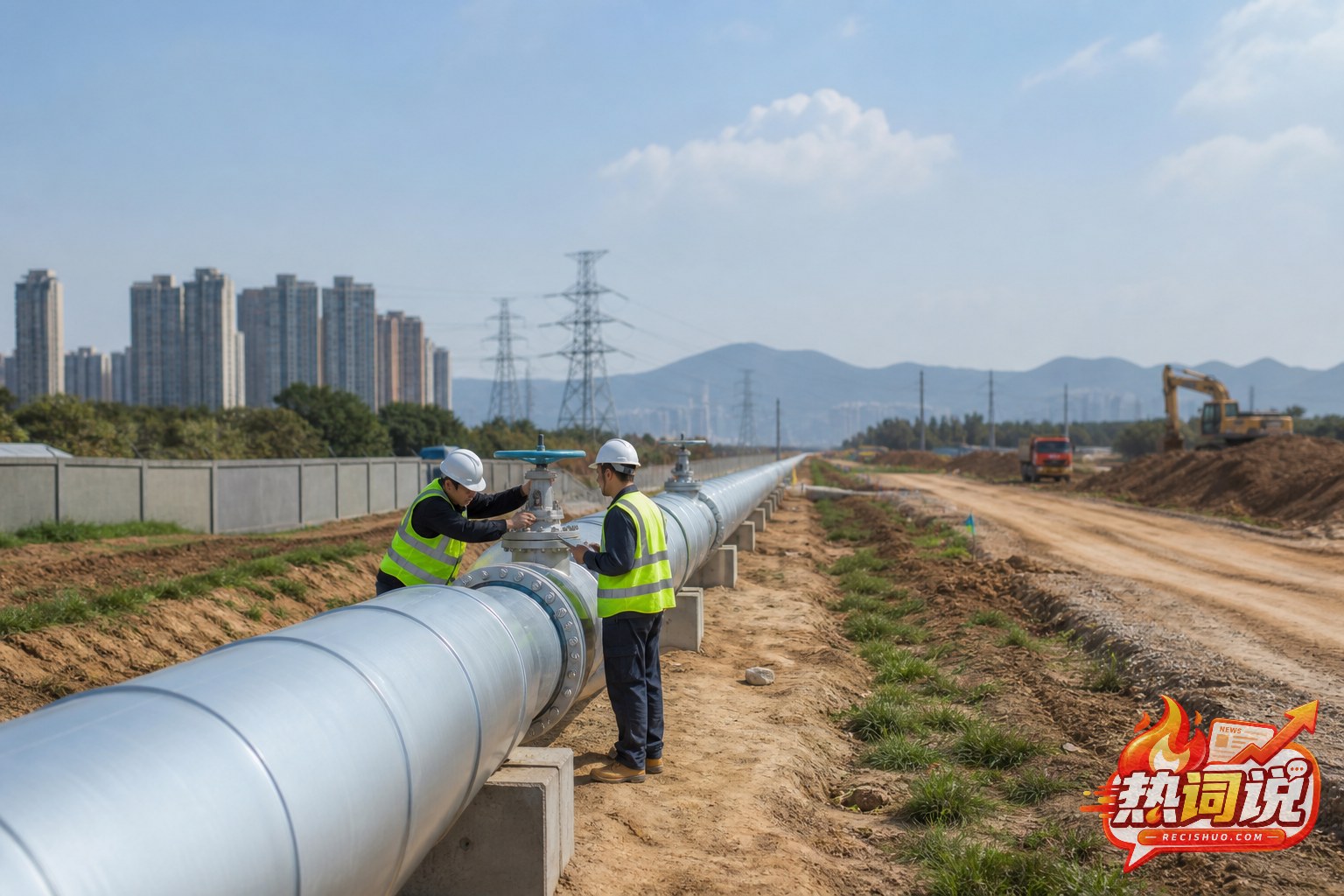 城市边缘能源通道内工程人员检查新建输氢管道阀门
