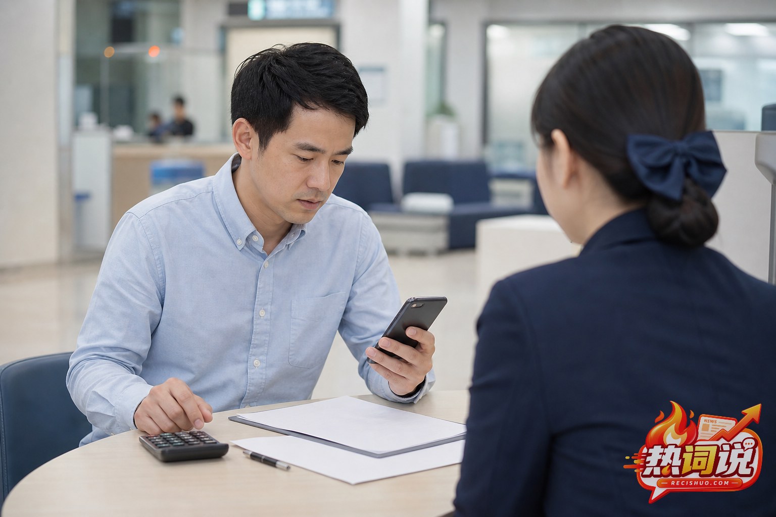 上班族在金融服务大厅计算预算并审慎查看贷款资料
