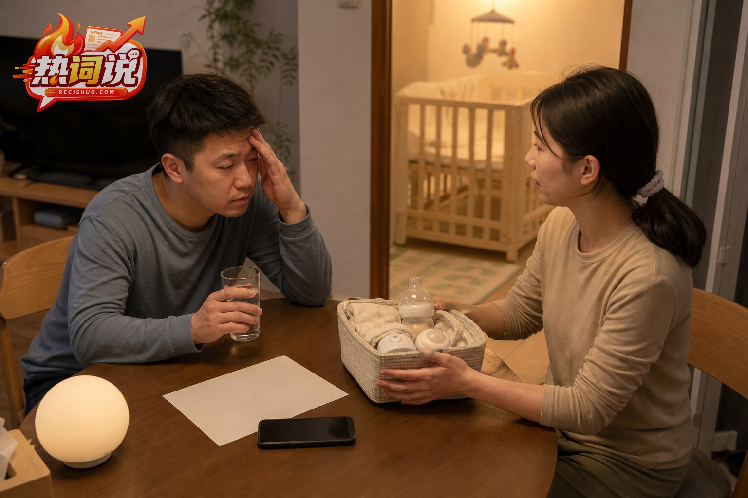 疲惫的父亲与家人在桌边交接夜间照护任务,婴儿床位于独立睡眠区域