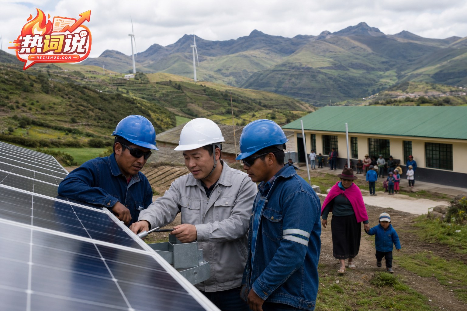 中厄技术人员在厄瓜多尔山区共同检查太阳能设施的绿色合作场景