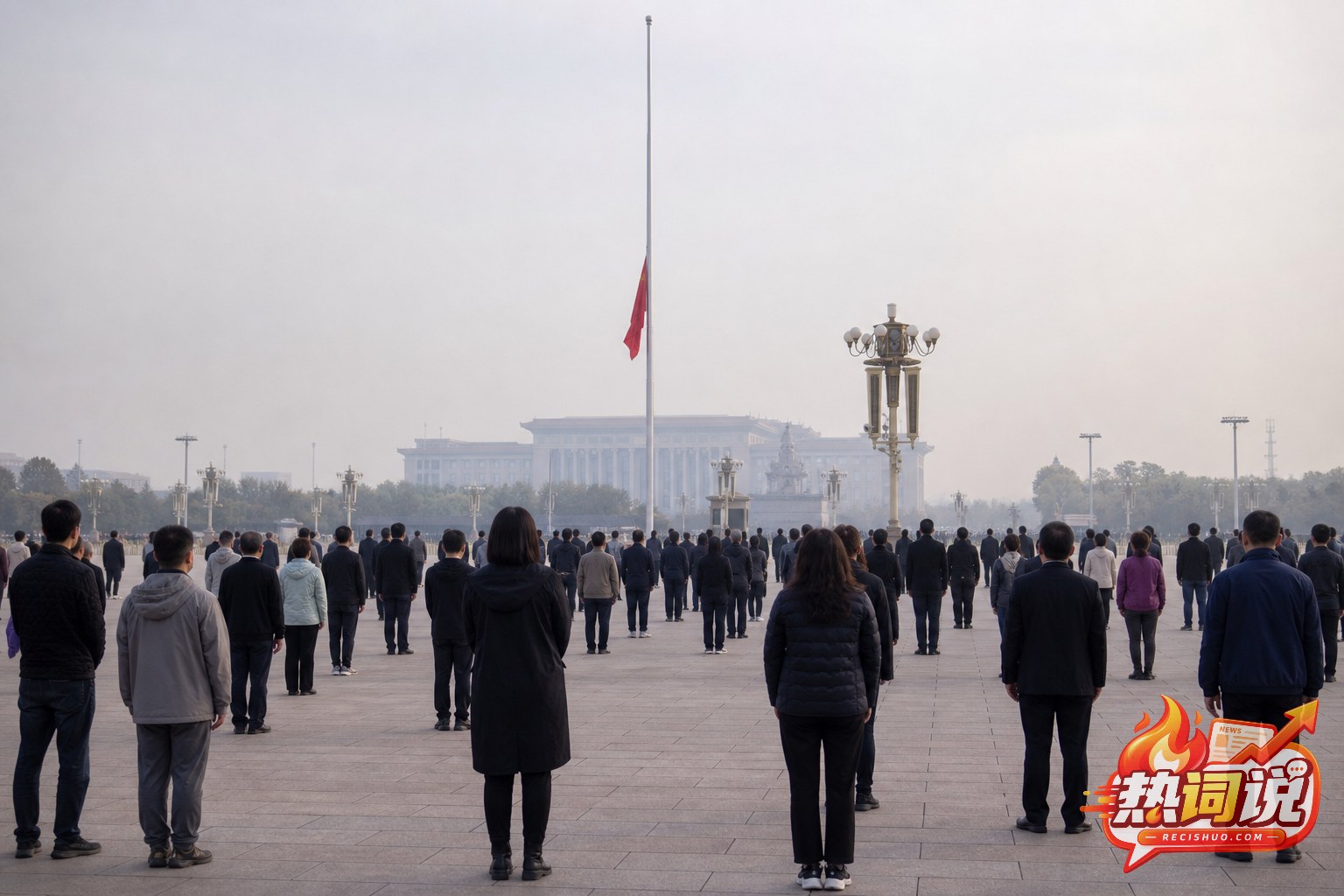 天安门广场群众面向下半旗国旗安静肃立的远景