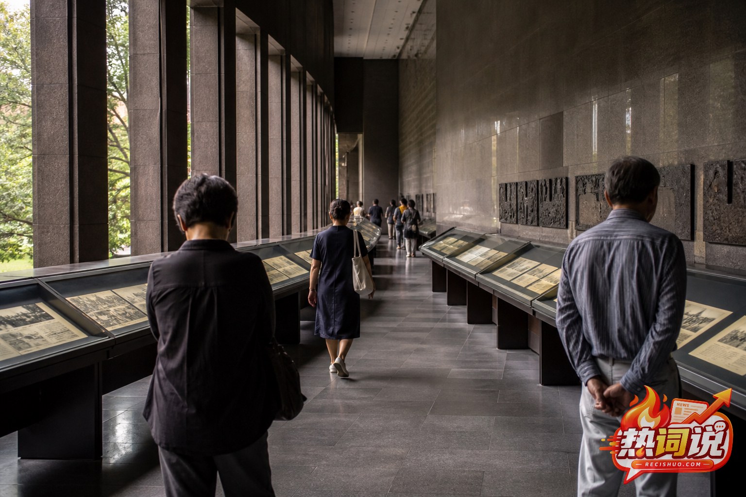 参观者在历史纪念馆展廊中观看档案展陈