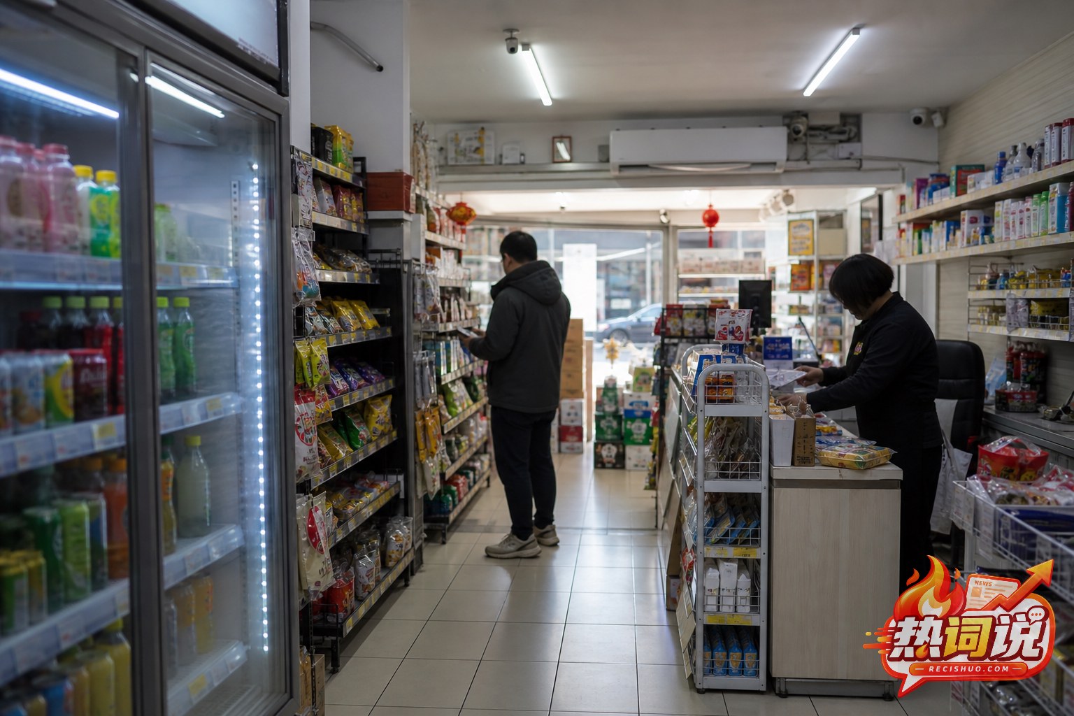 普通社区便利店内顾客选购商品、店员整理柜台的日常场景