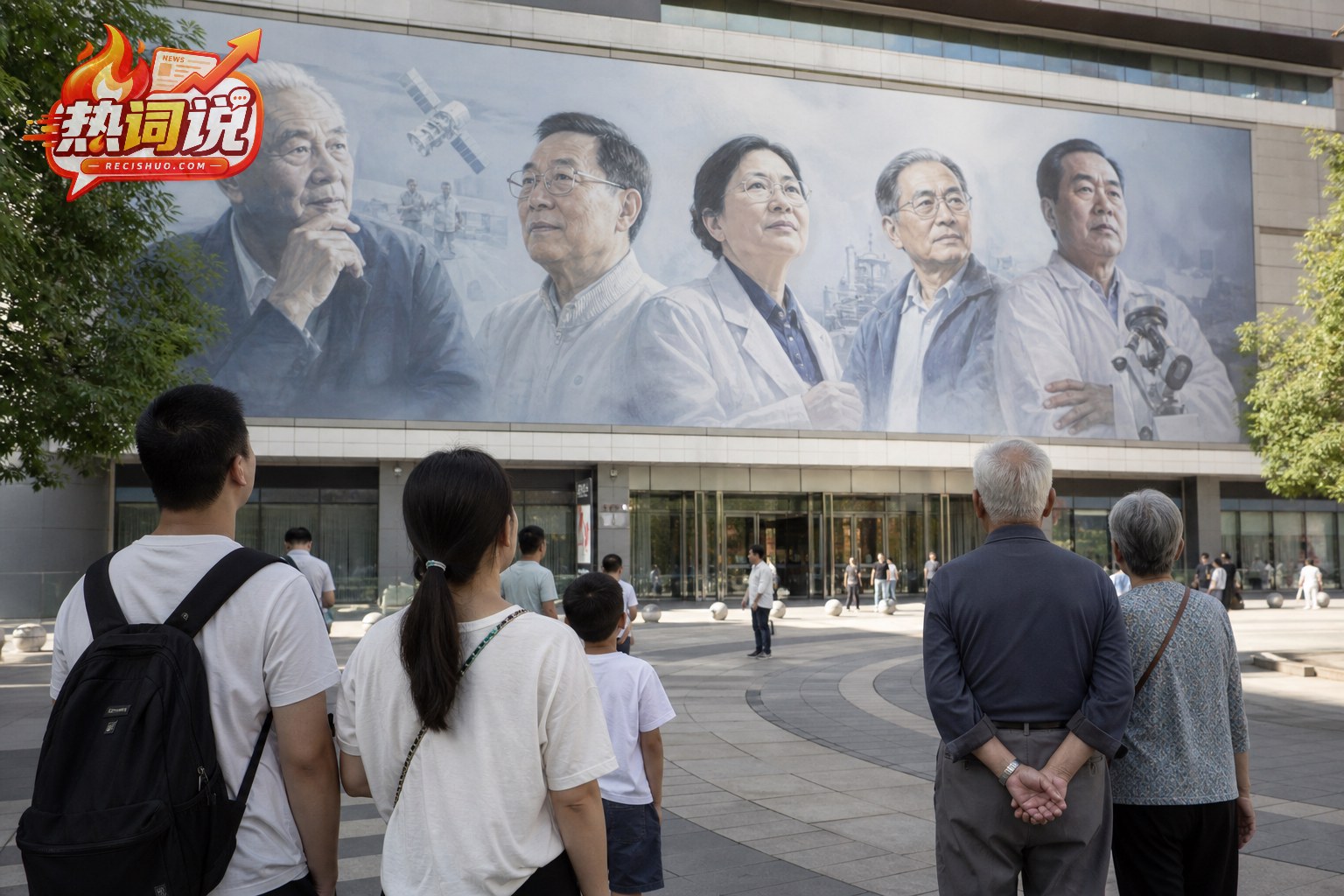 不同年龄市民在商场广场驻足观看科学家主题公益画面的场景