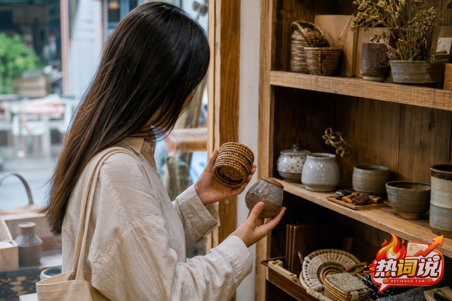 年轻人在街区手作小店比较陶器与编织物等伴手礼