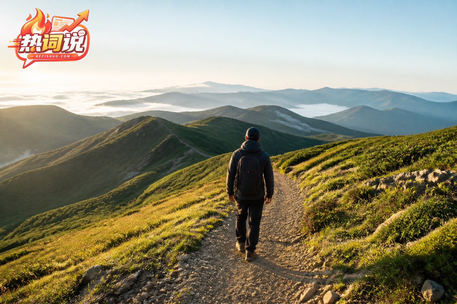 清晨山脊步道上,一名背着小型背包的徒步者迎着群山前行