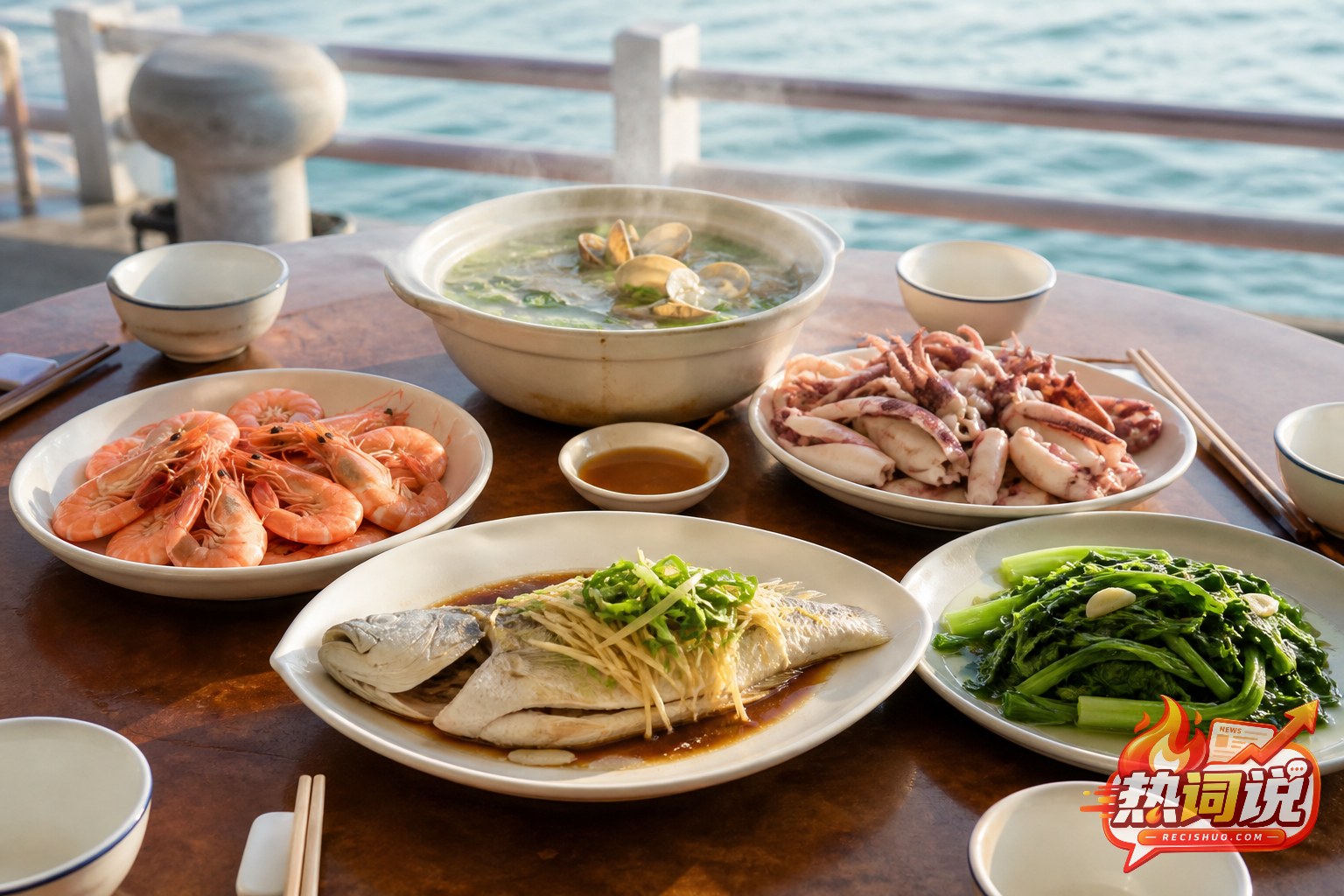 临海餐桌上摆放清蒸鱼、熟虾、熟鱿鱼、贝汤和青菜