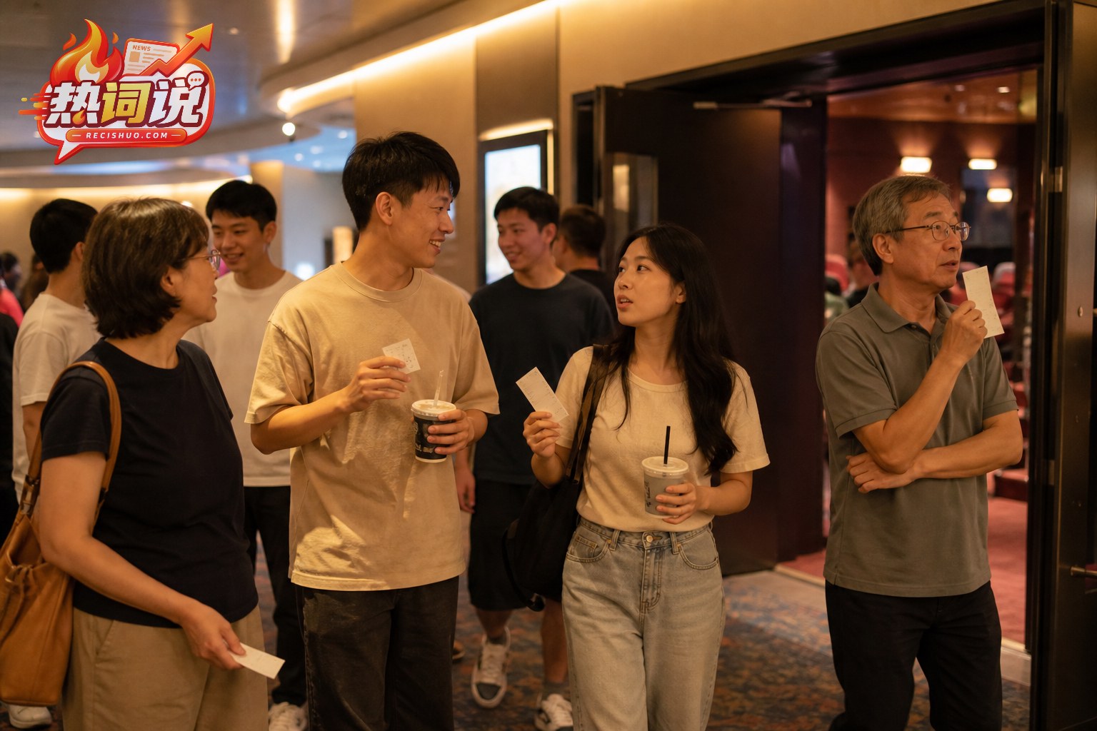 不同年龄的观众走出电影院后在暖色走廊中交流观影感受