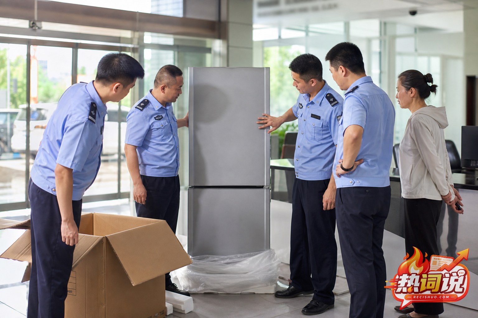 基层派出所民警与市民查看刚送到的家用冰箱