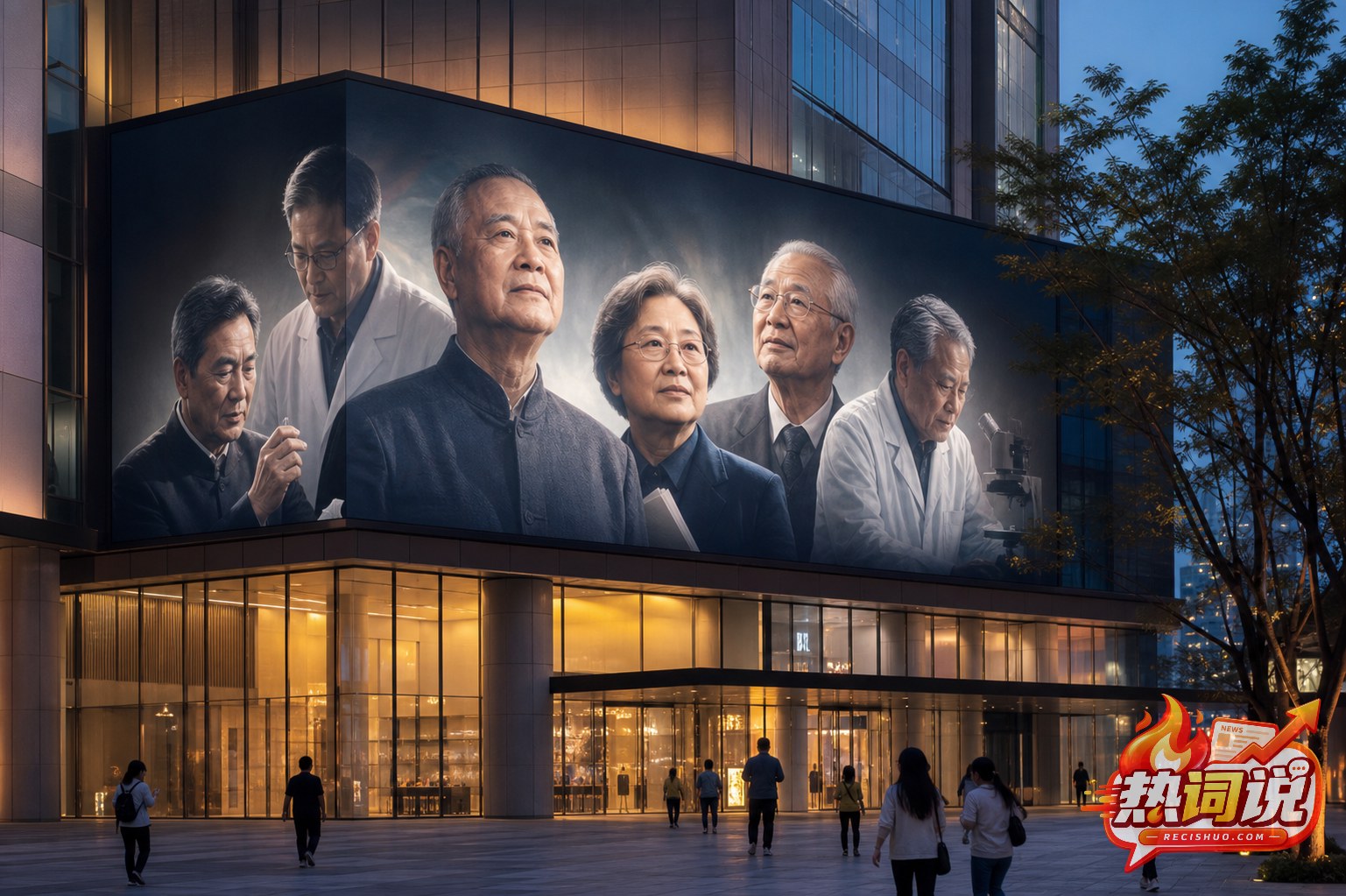 城市商场外墙以科学家群像公益画面取代商业广告的夜景示意图