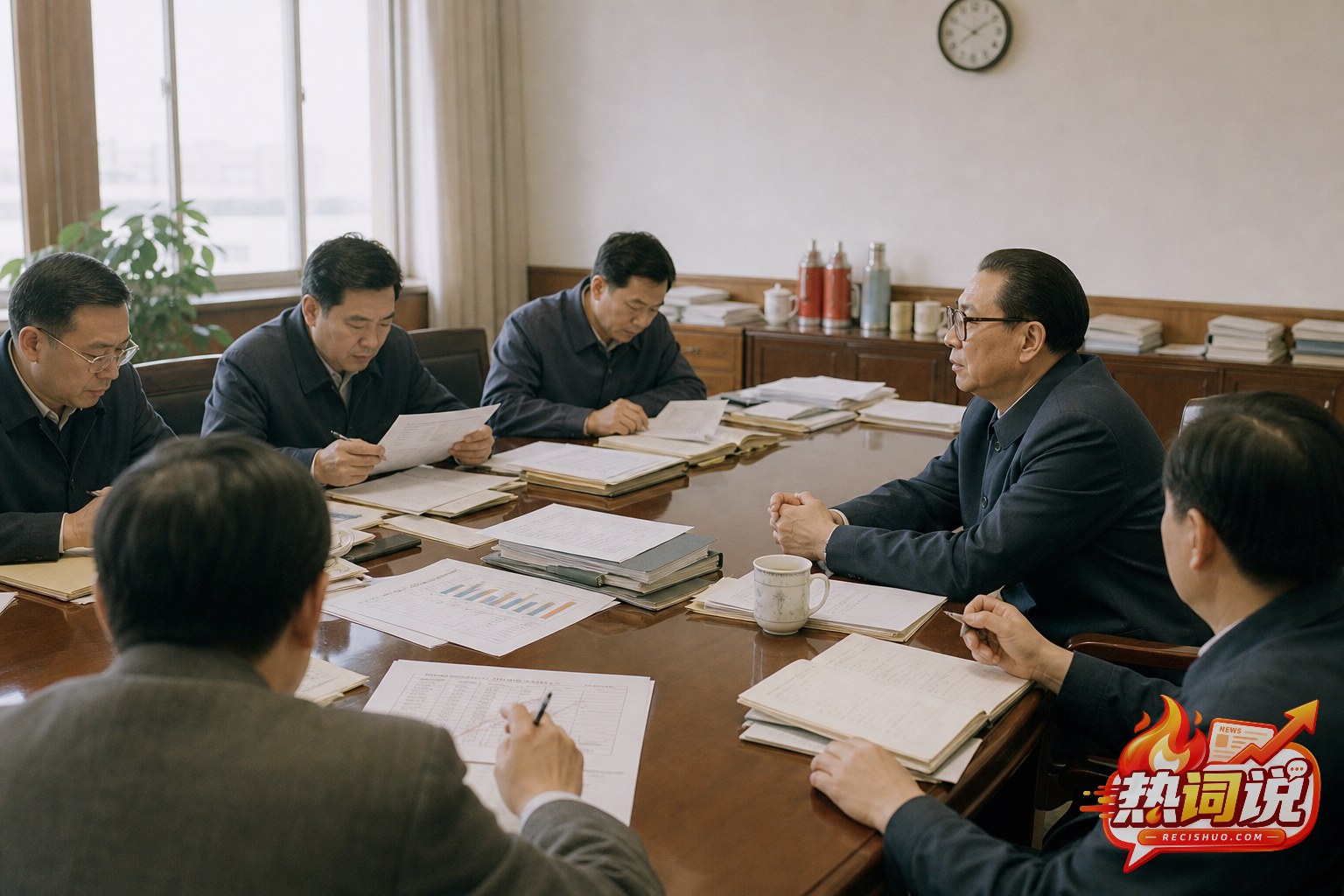 表现二十世纪九十年代经济工作讨论场景的历史题材编辑插画