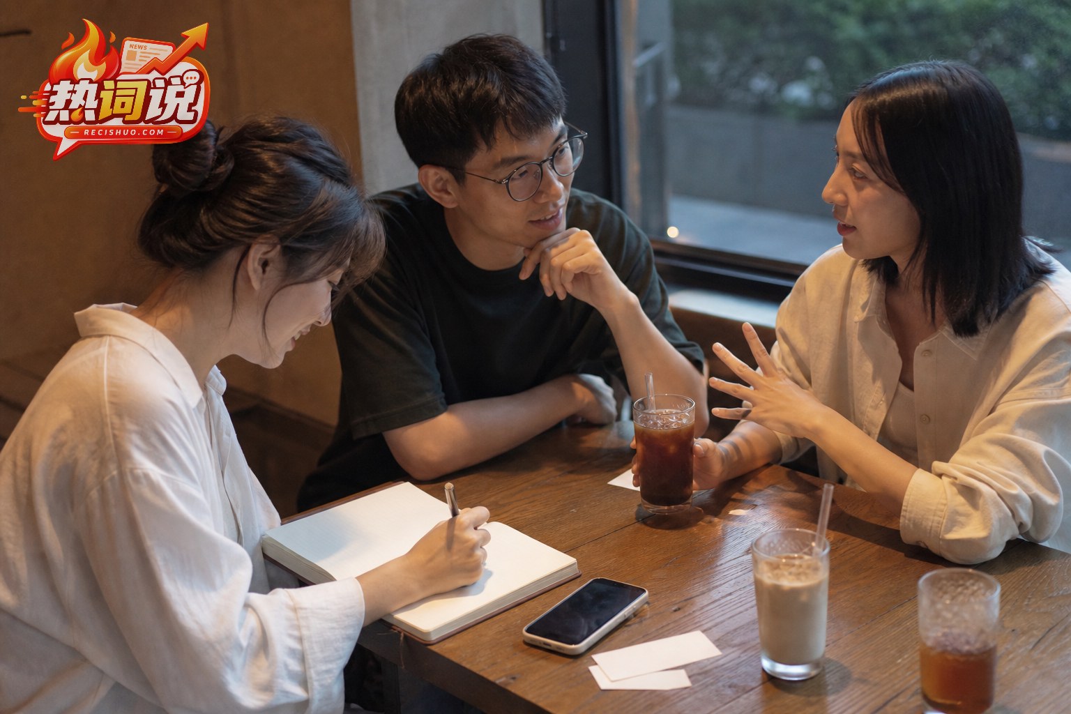 三位朋友在咖啡桌旁记录并交流看完电影后的真实感受