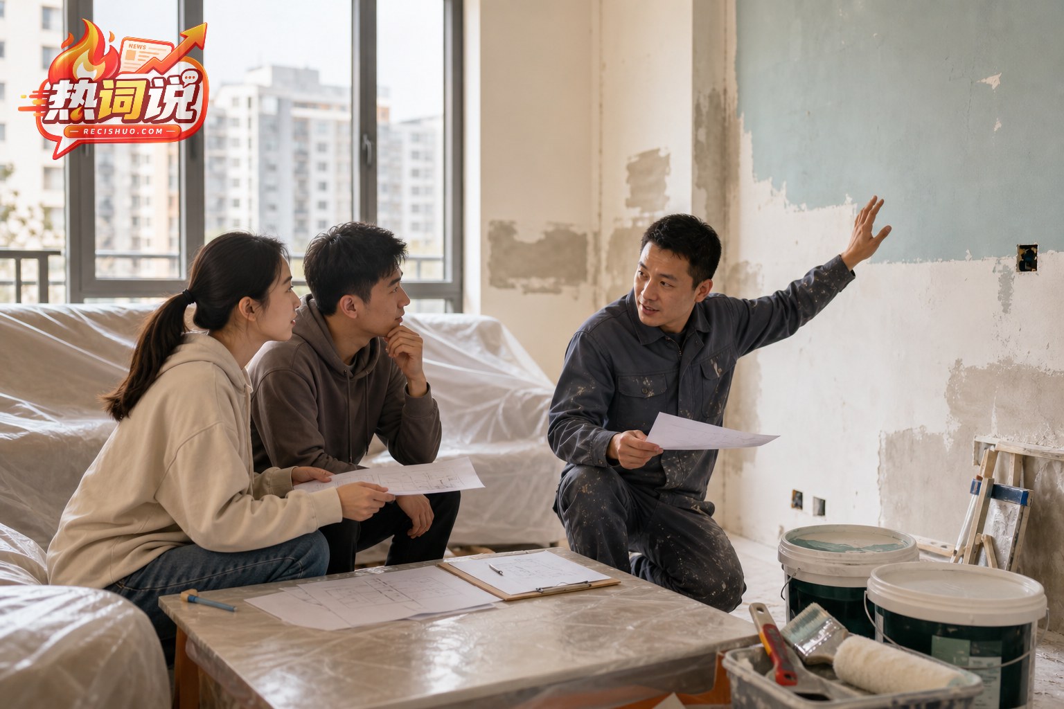 住户与装修人员在普通住宅内商量墙面翻新方案